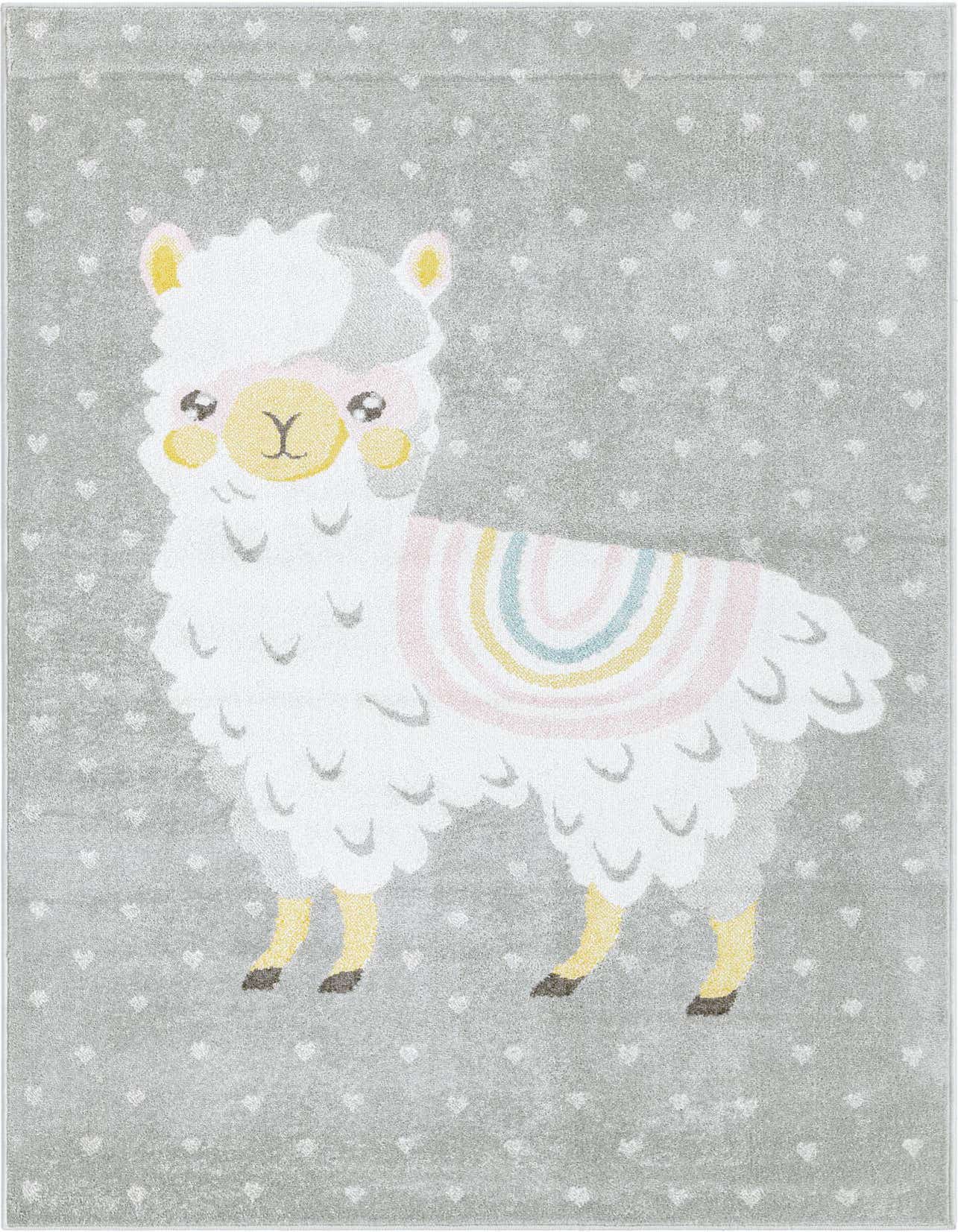 A gray 5x8 rectangular rug featuring a cute white llama with a rainbow blanket, surrounded by tiny white hearts.