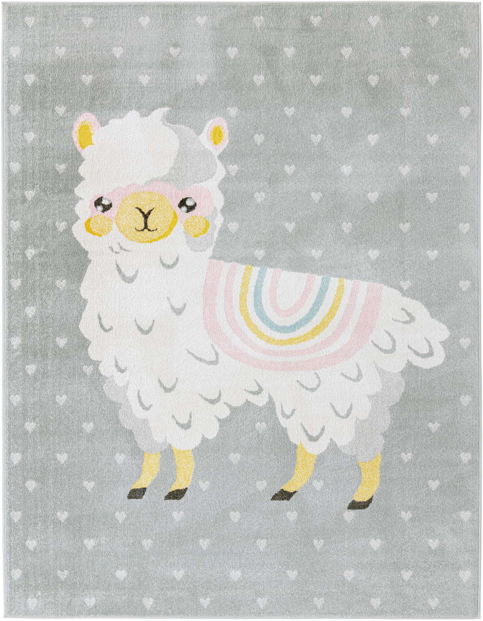 A gray 8x10 rectangular rug featuring a large, friendly white llama with a pastel rainbow blanket on its back, surrounded by small white hearts.