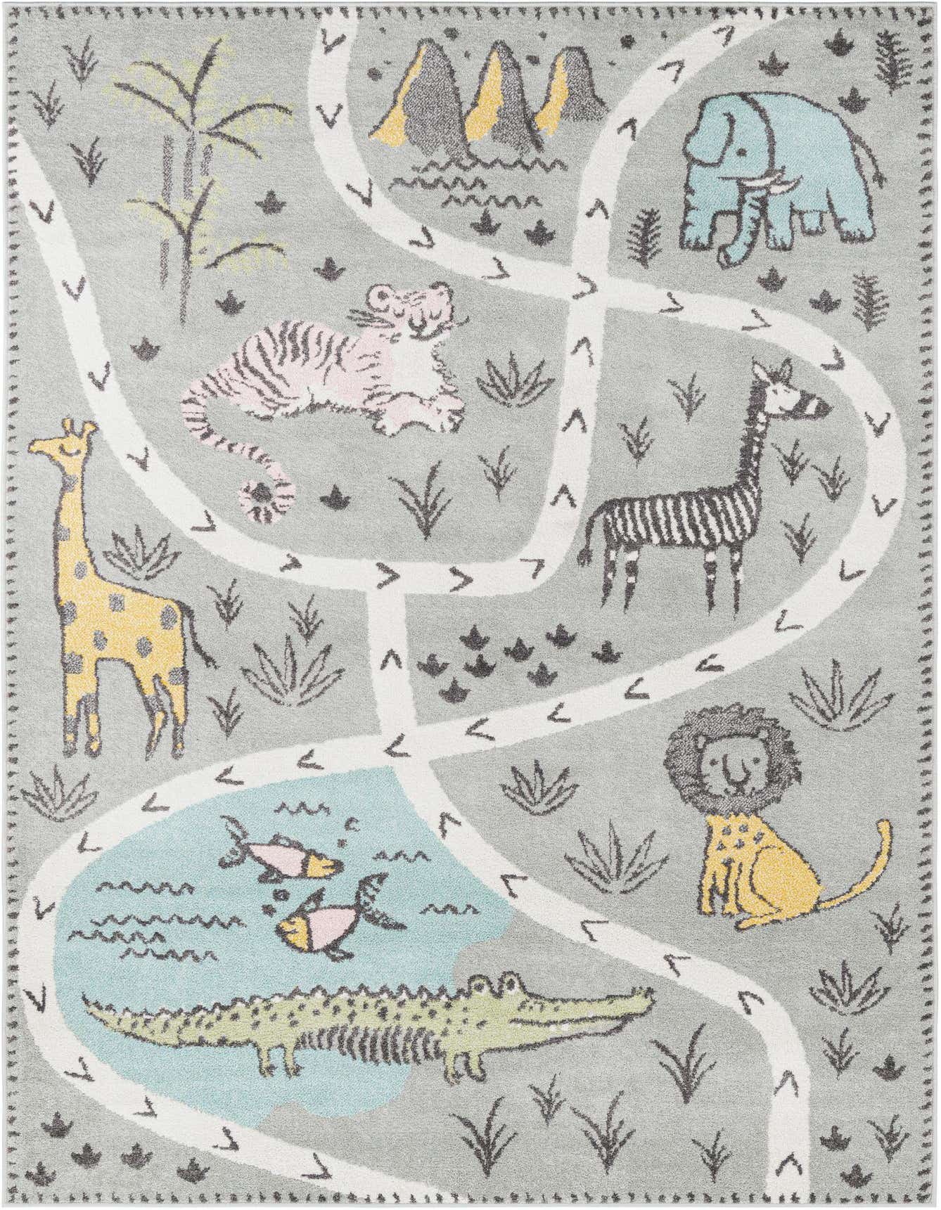 A gray rectangular kids' rug featuring a safari map with a giraffe, tiger, elephant, zebra, lion, crocodile, and fish.