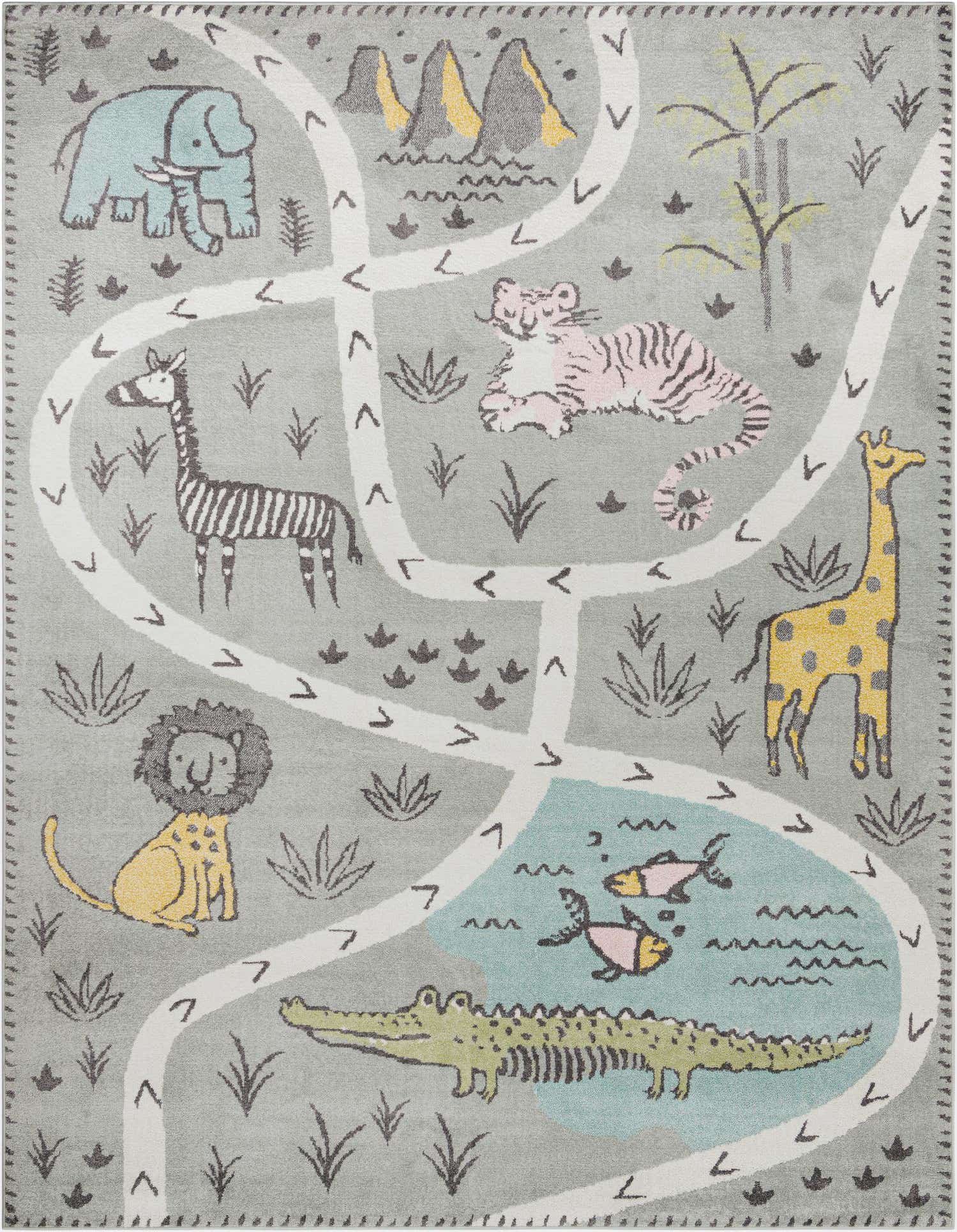 A gray rectangular kids' rug featuring a playful safari scene with an elephant, tiger, zebra, giraffe, lion, and alligator.