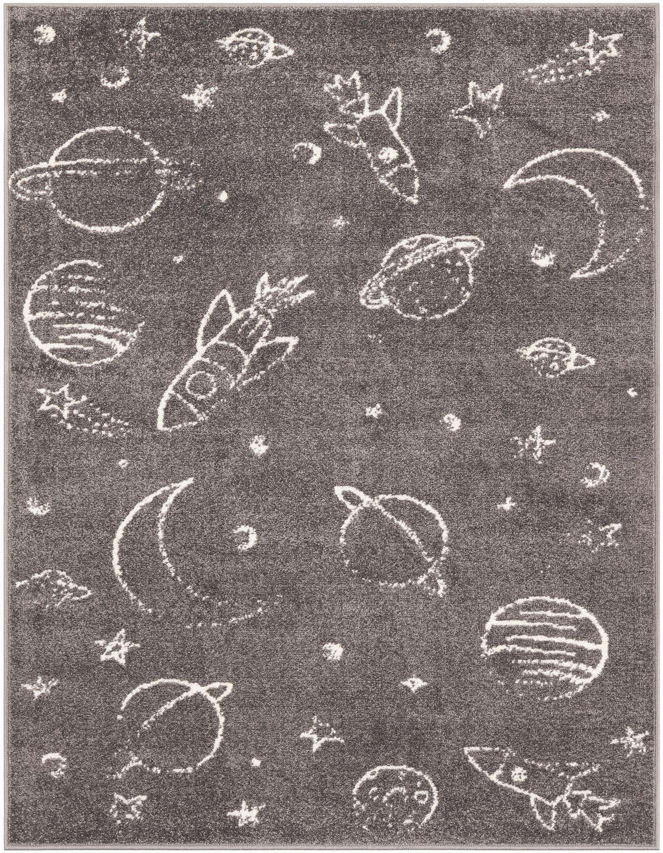 A 4x6 gray rectangular rug with a playful white outer space pattern featuring rockets, planets, moons, and stars.