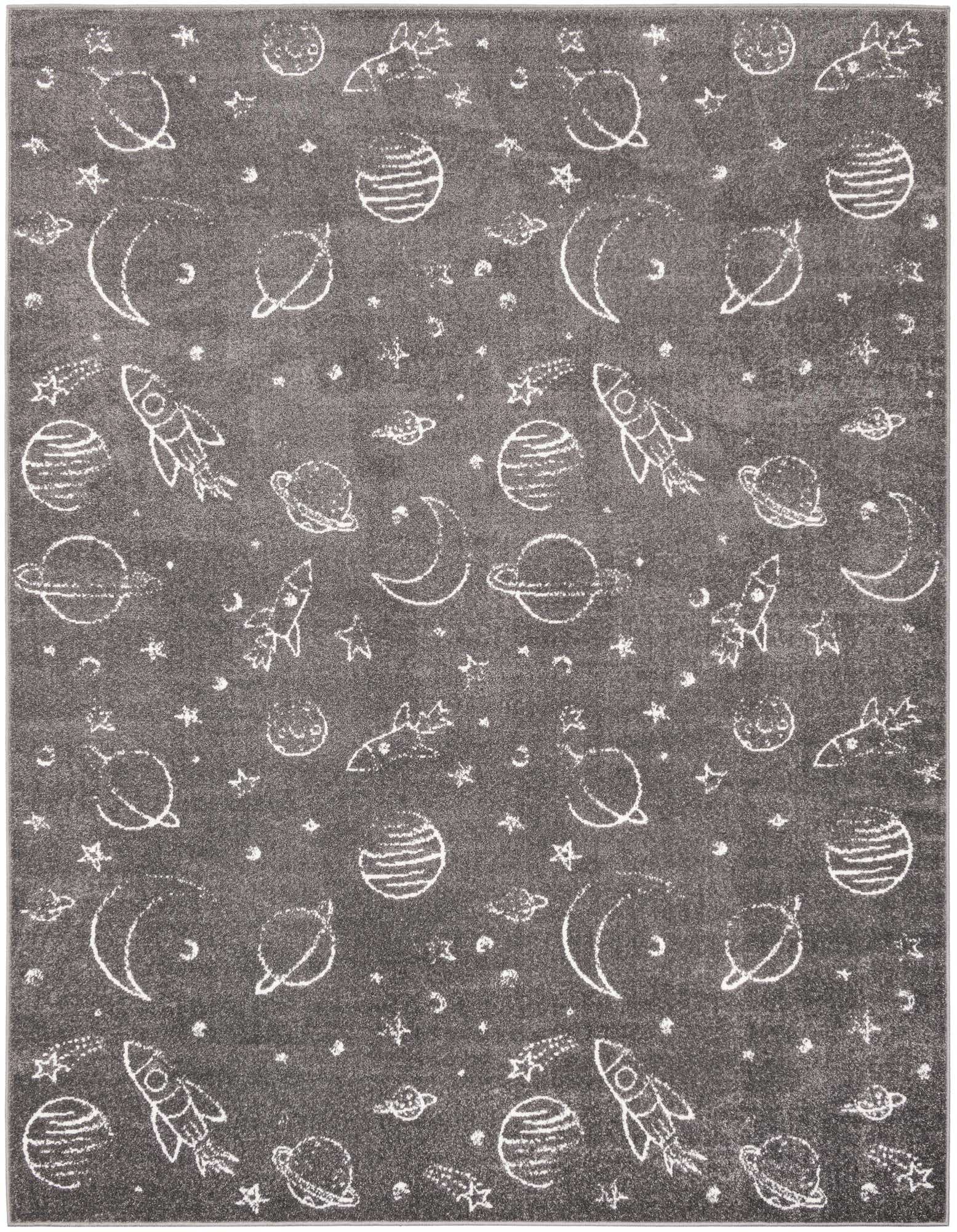 A gray 8x10 rectangular rug with a white outer space pattern featuring rockets, planets, moons, and stars, perfect for a child's room.