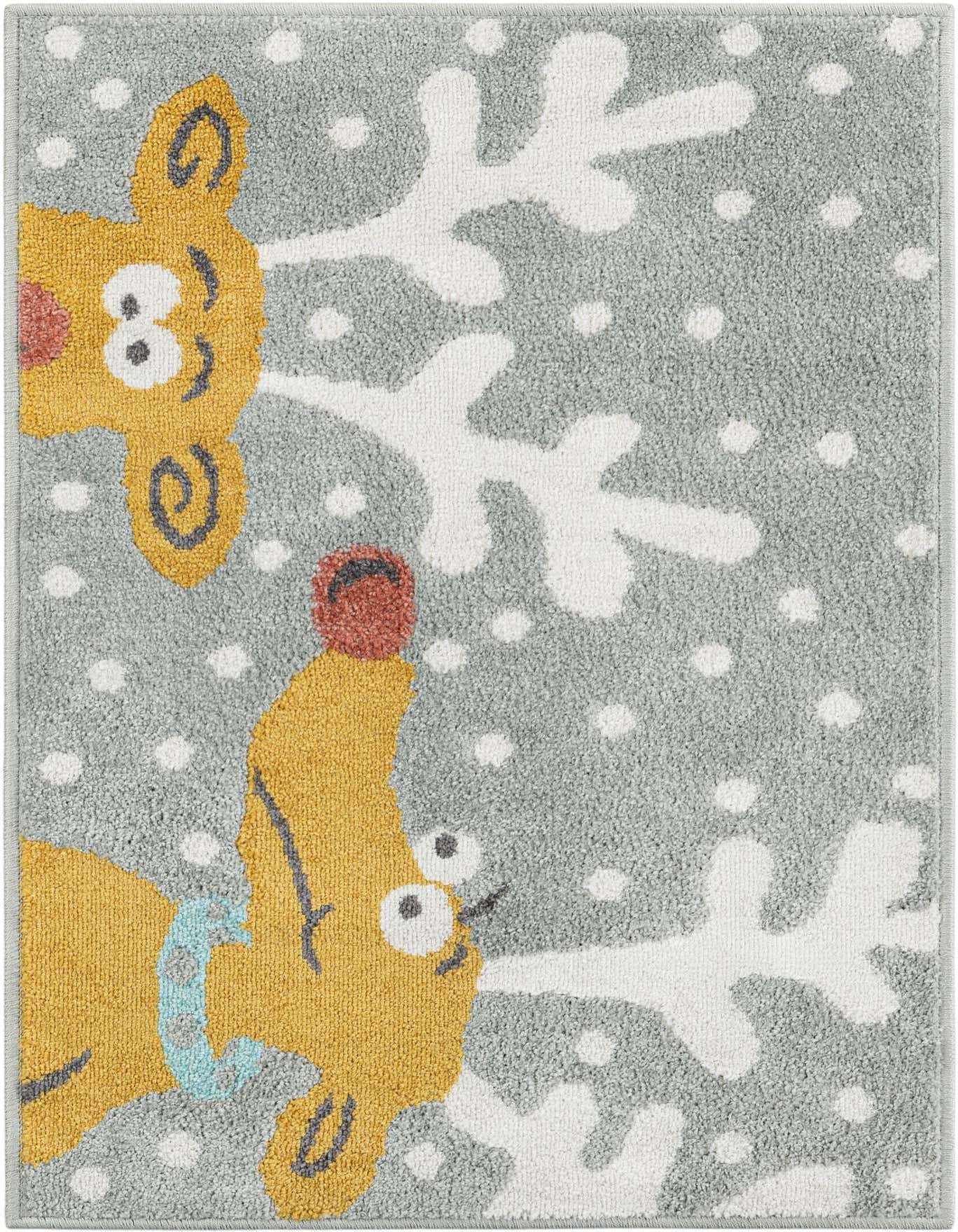 A rectangular gray rug featuring two playful yellow reindeer with white antlers and red noses, surrounded by white polka dots.