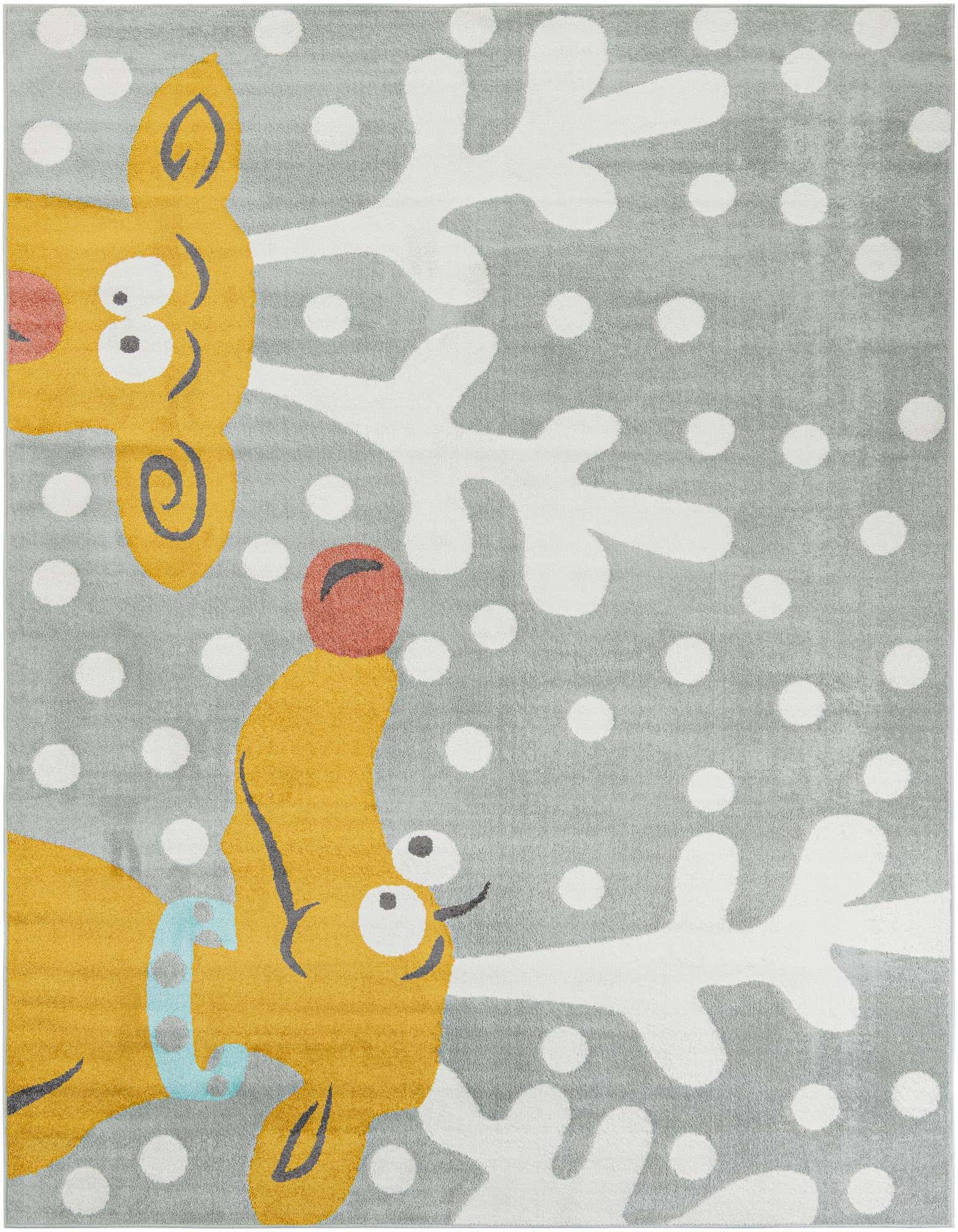 A whimsical gray 8x10 rectangular rug featuring two playful yellow reindeer with white antlers and red noses, surrounded by white polka dots.