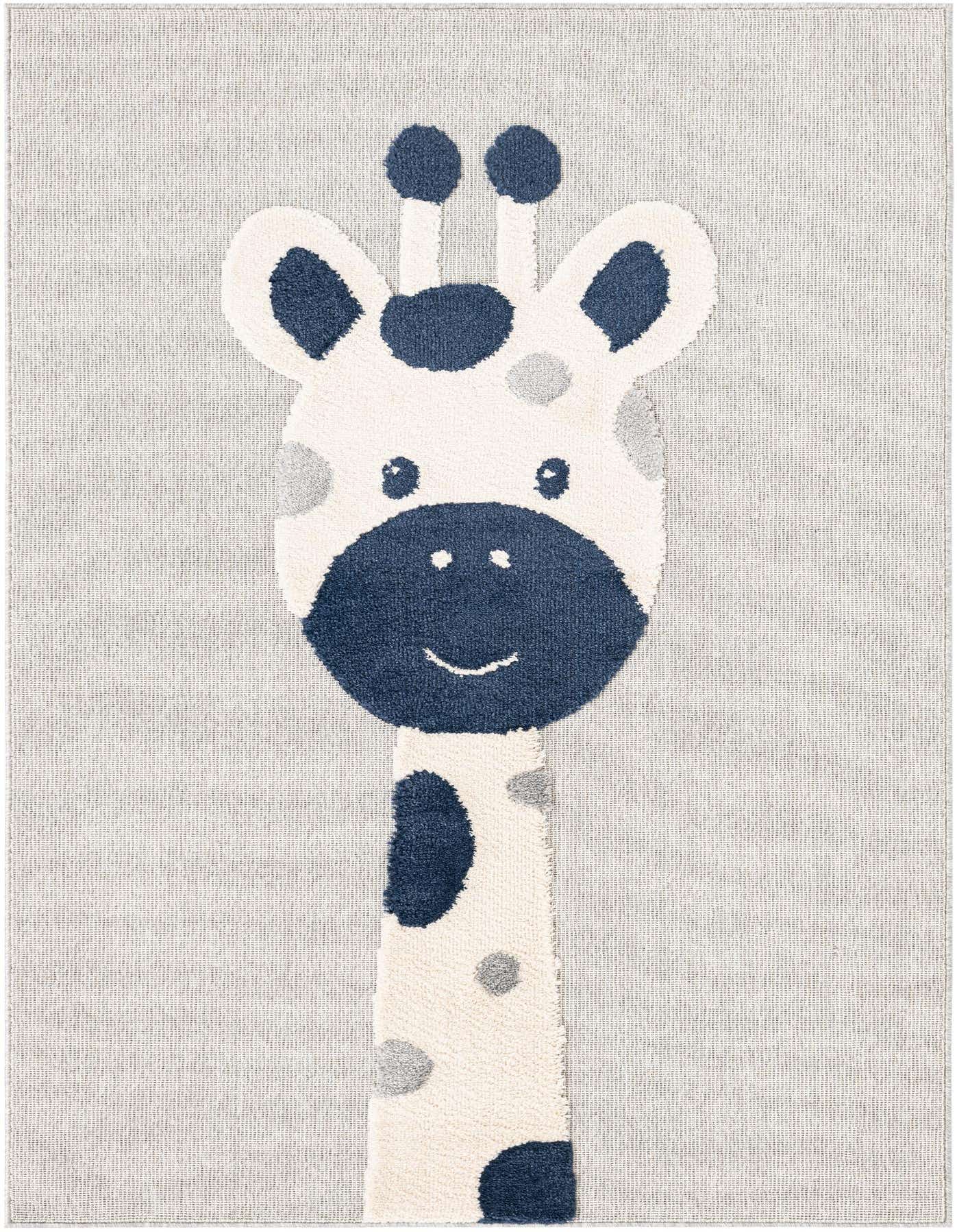 A 5x7 gray rectangular rug featuring a cute giraffe head and neck in cream, navy, and light gray, perfect for a child's room.