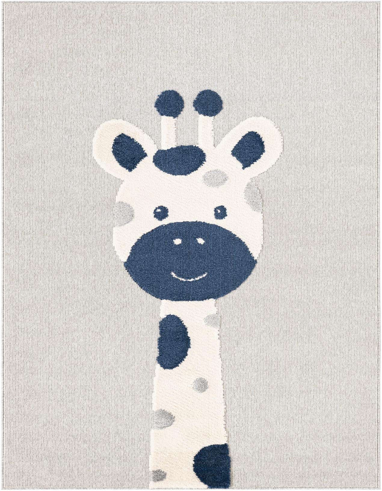 A 5x8 rectangular gray rug featuring a smiling white giraffe with navy blue and light gray spots, perfect for a child's room.