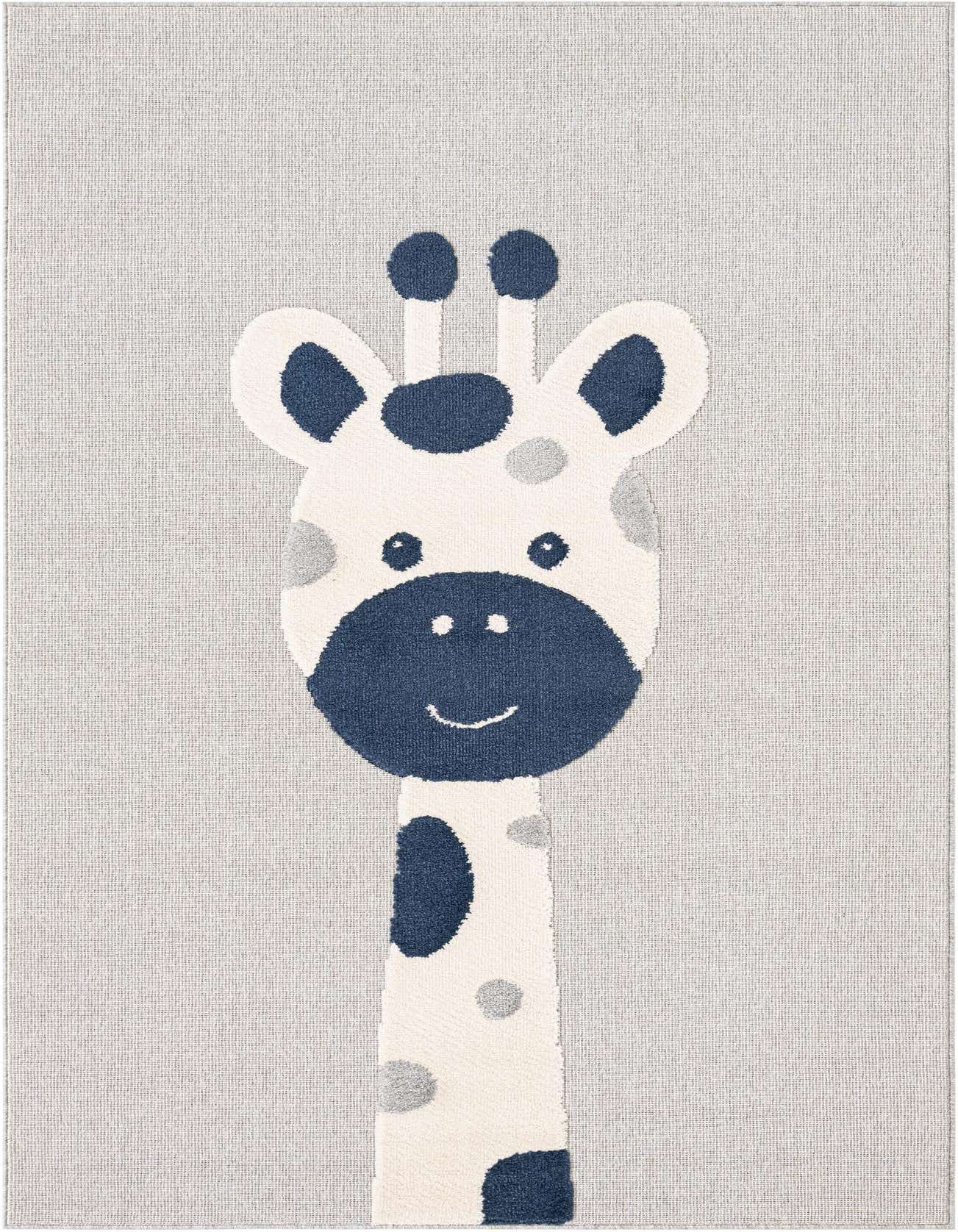 A rectangular gray area rug featuring a playful giraffe design in cream, navy, and light gray, perfect for a child's bedroom or play area.