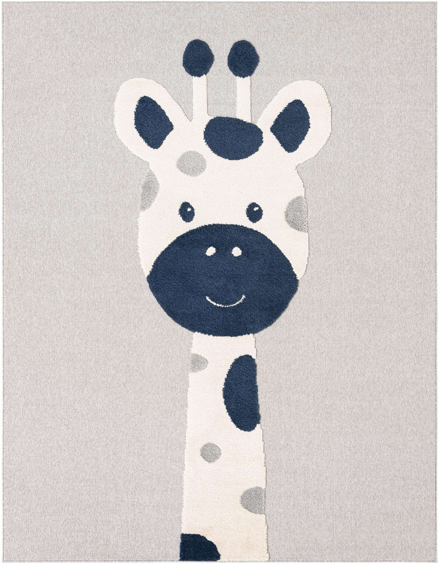 A rectangular 8x10 gray area rug featuring a large, friendly giraffe face in white, navy, and light gray, perfect for a child's bedroom.