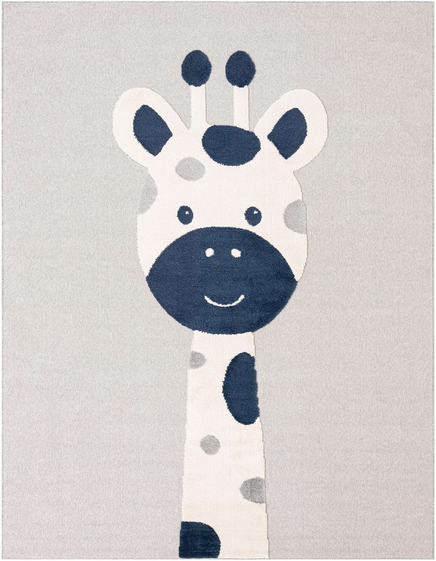 A rectangular gray rug featuring a large, friendly giraffe face with navy blue and light gray spots, perfect for a child's room.