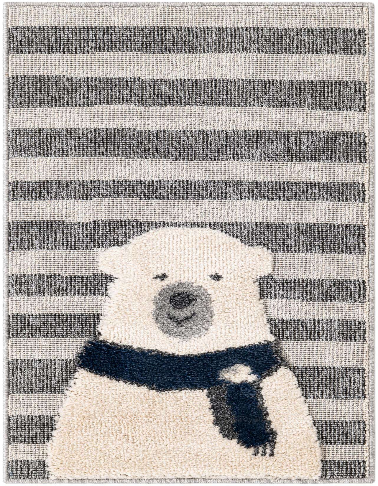 A 2x3 rectangular rug featuring a friendly white polar bear wearing a navy blue scarf, set against a background of alternating gray and white stripes.