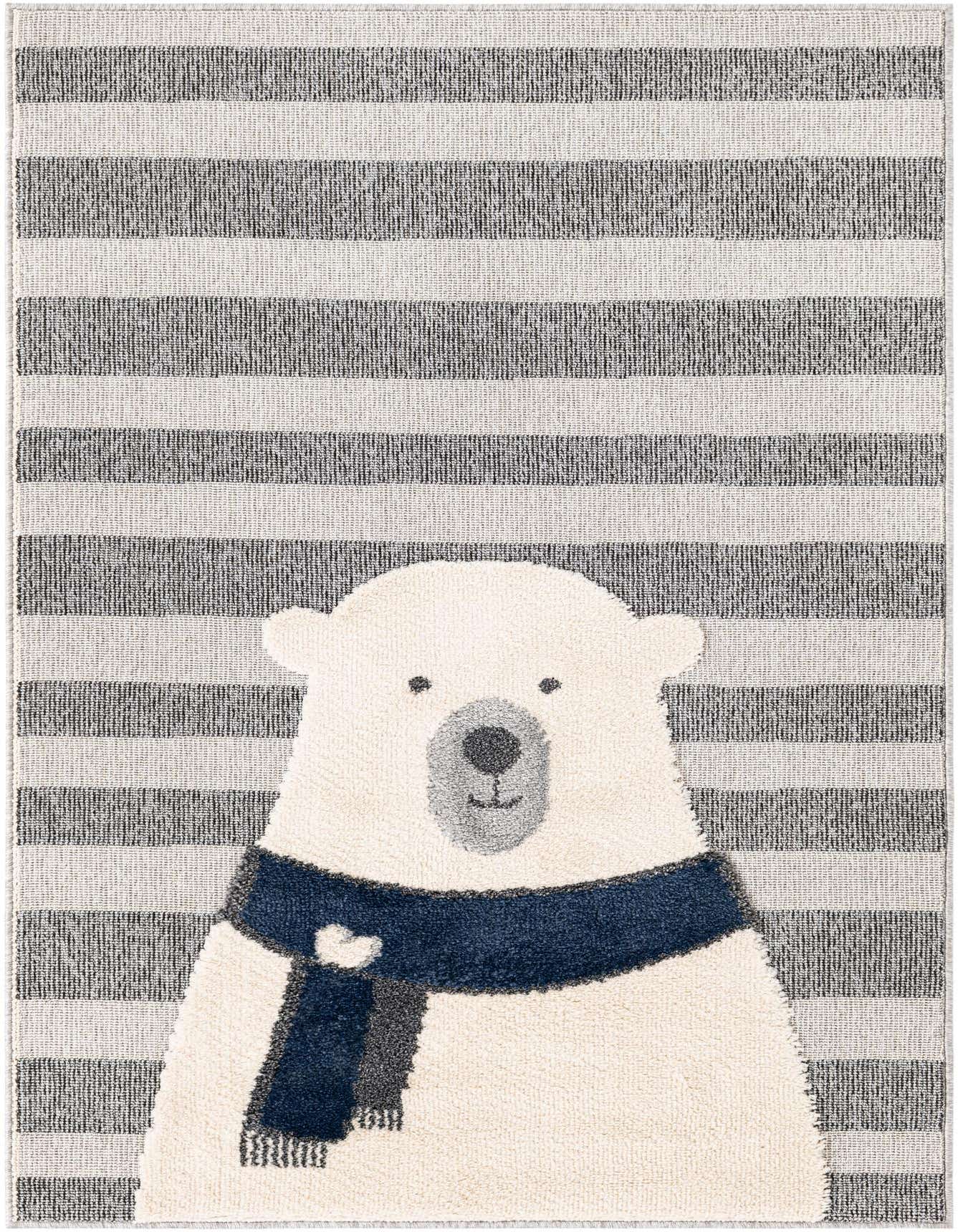 A 4x6 rectangular rug featuring a friendly white polar bear with a blue scarf against a gray and white striped background.
