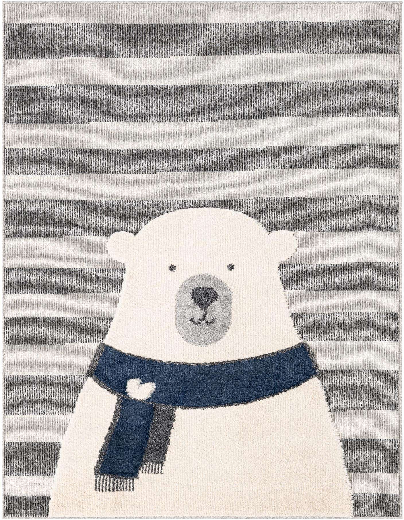A rectangular 5x7 gray and white striped rug featuring a large, friendly white polar bear wearing a blue scarf, perfect for a child's room.