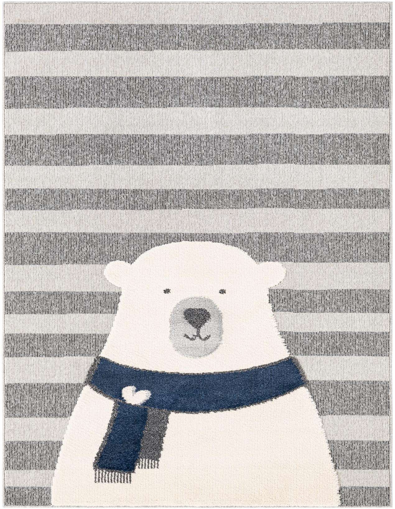 A rectangular gray and white striped rug featuring a large, friendly white polar bear wearing a blue and gray scarf.