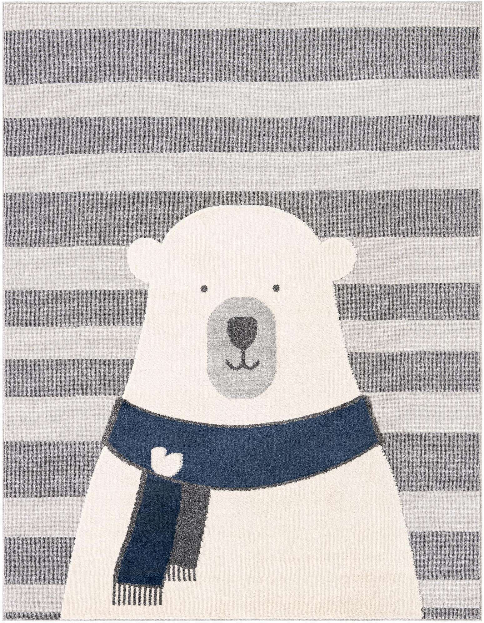 A rectangular 8x10 gray and white striped rug featuring a large, friendly white polar bear wearing a blue and gray scarf.
