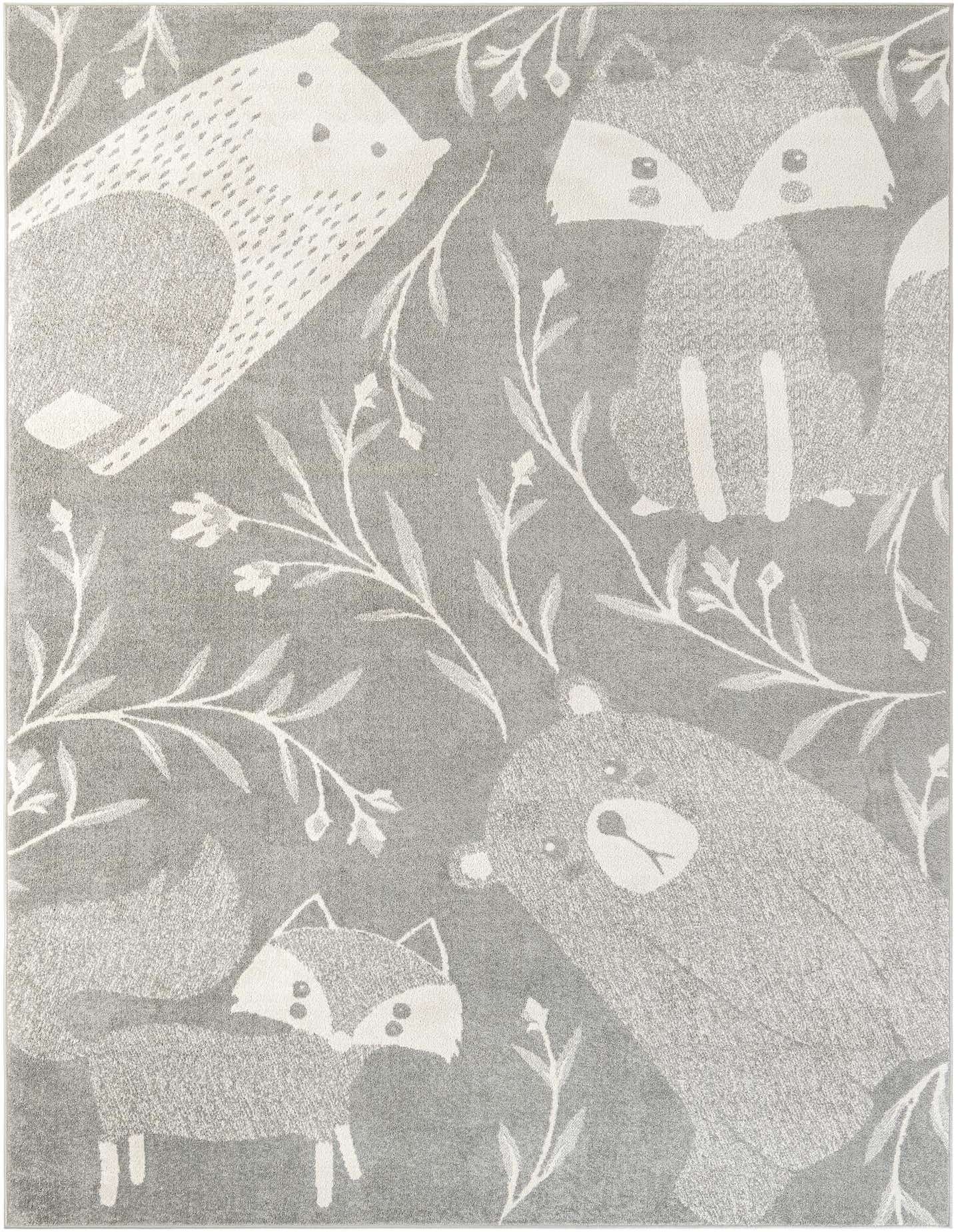 8x11 rectangular gray rug with a playful modern pattern of white bears, foxes, and delicate foliage.