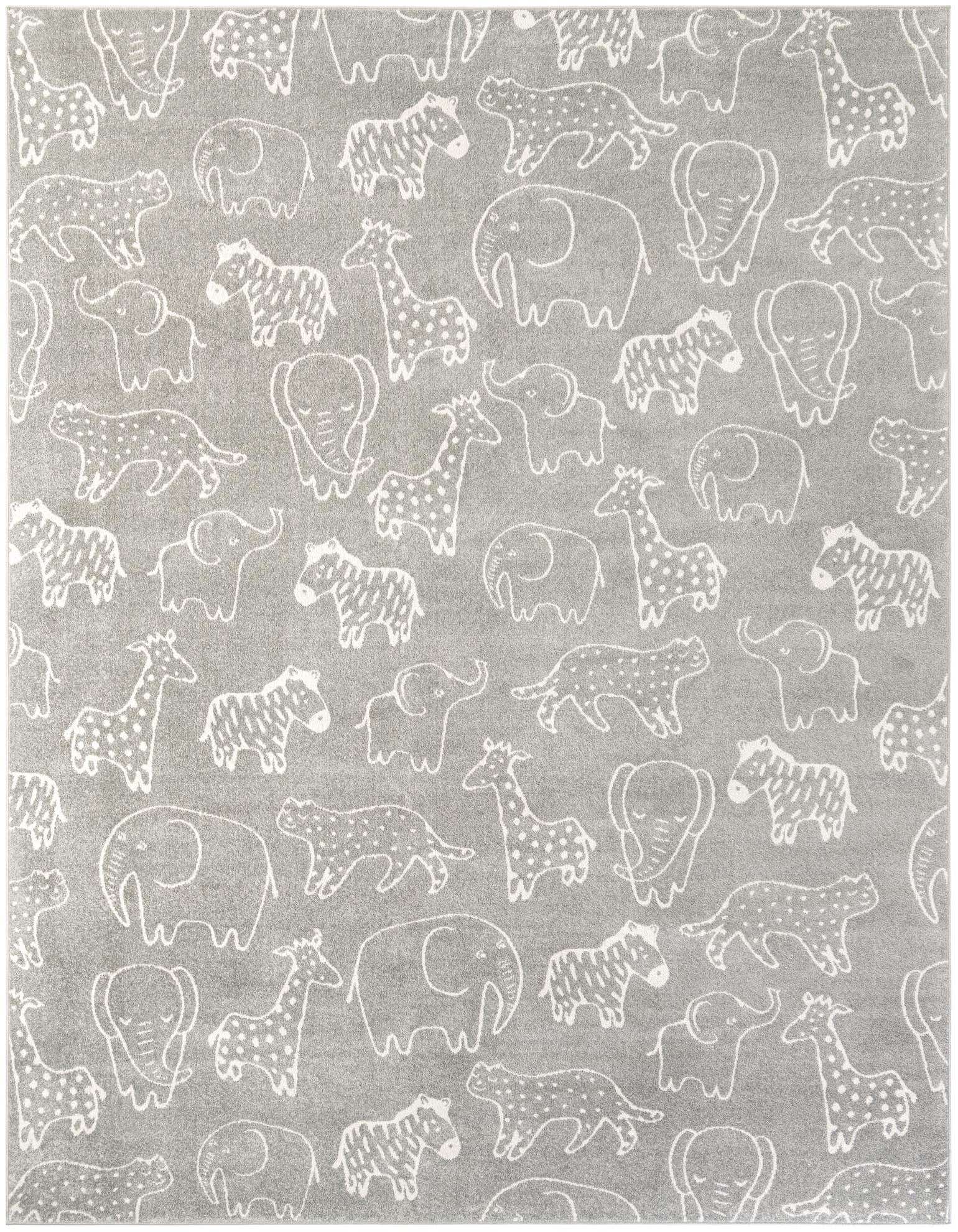 A rectangular gray rug featuring a playful modern pattern of white outlined safari animals like elephants, giraffes, and zebras.