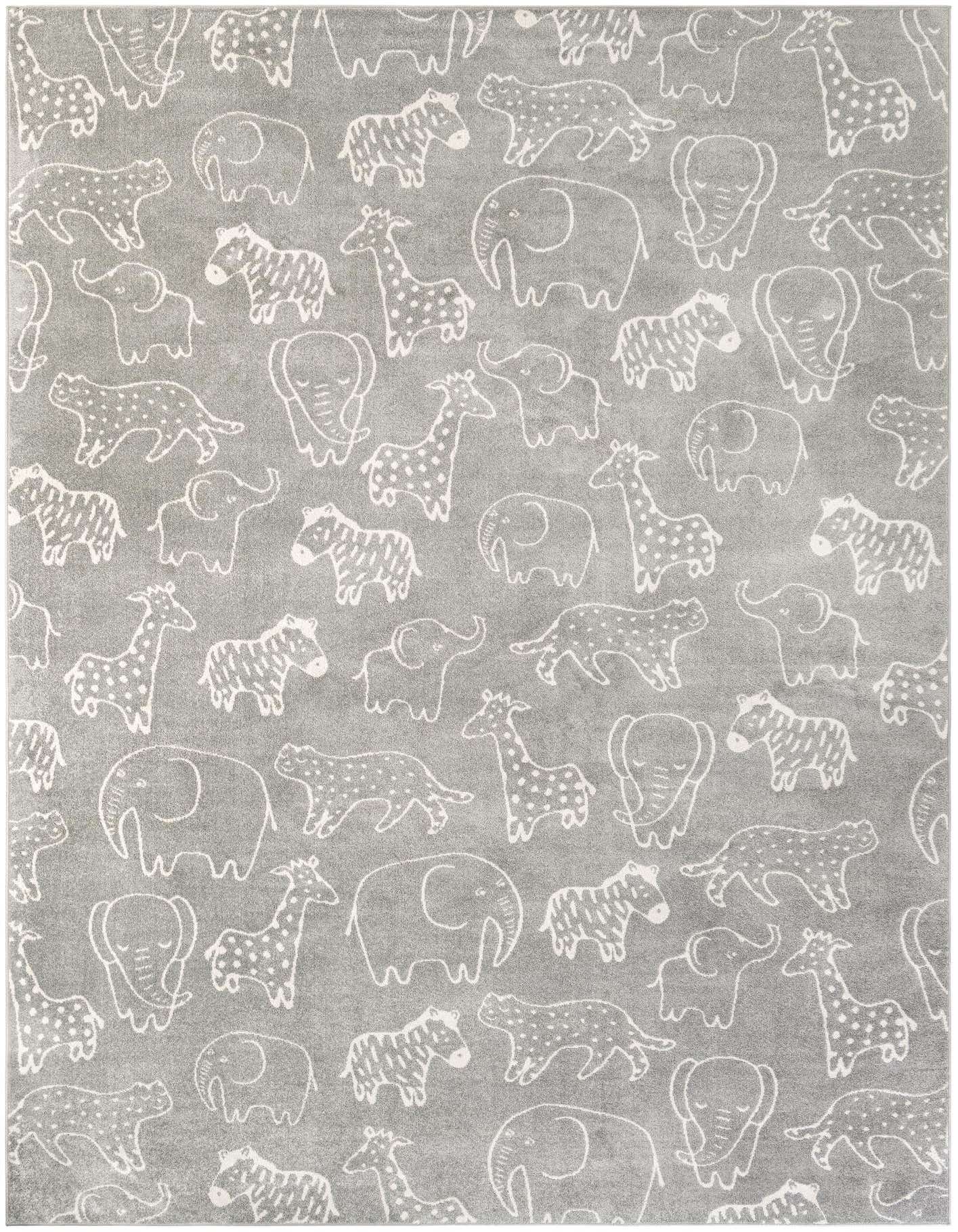 A 10x14 rectangular gray rug featuring a playful modern pattern of white outlined safari animals like elephants, giraffes, and zebras.