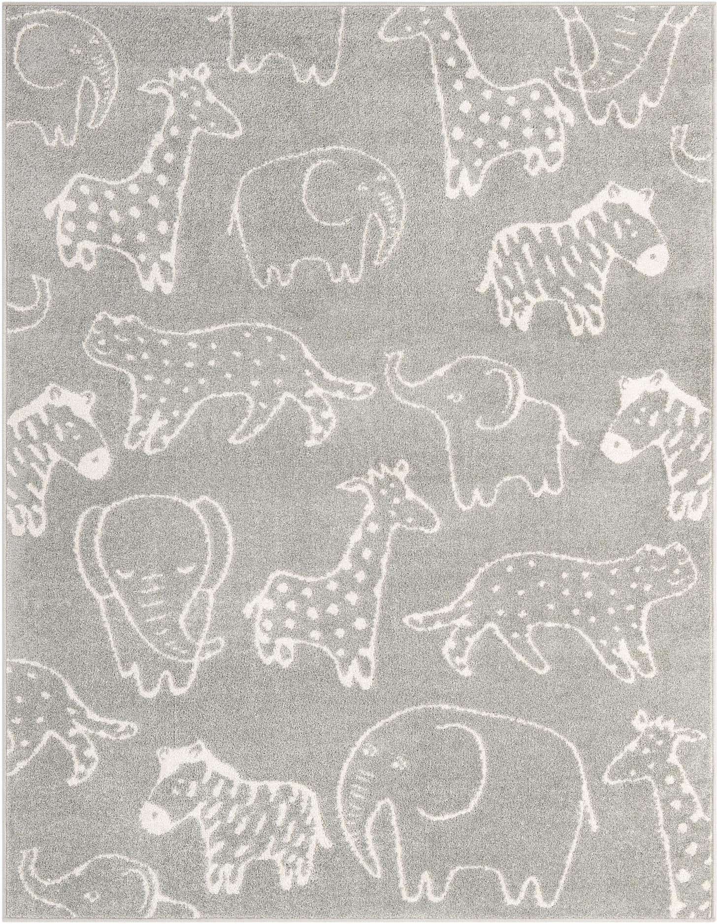 A rectangular 5x7 gray area rug featuring playful white outlines of elephants, giraffes, zebras, and leopards.
