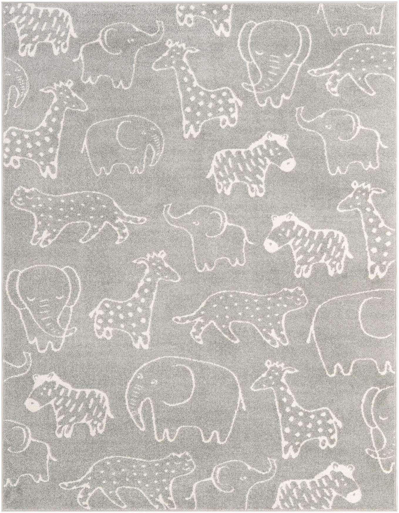 A 6x9 rectangular gray rug featuring a playful modern pattern of white outlined safari animals like elephants, giraffes, and zebras, perfect for a child's room.