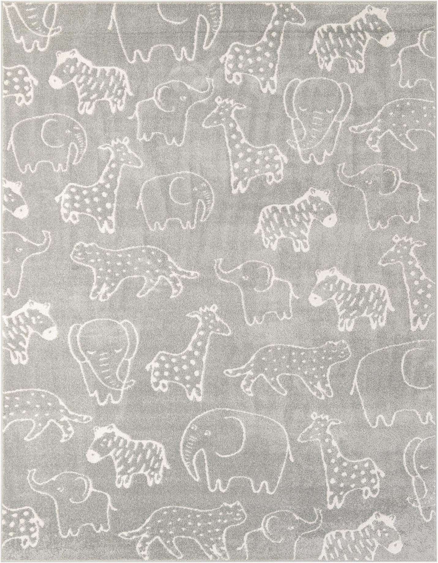 A rectangular 7x10 gray area rug with a playful modern abstract pattern of white outlined safari animals like elephants, giraffes, and zebras.
