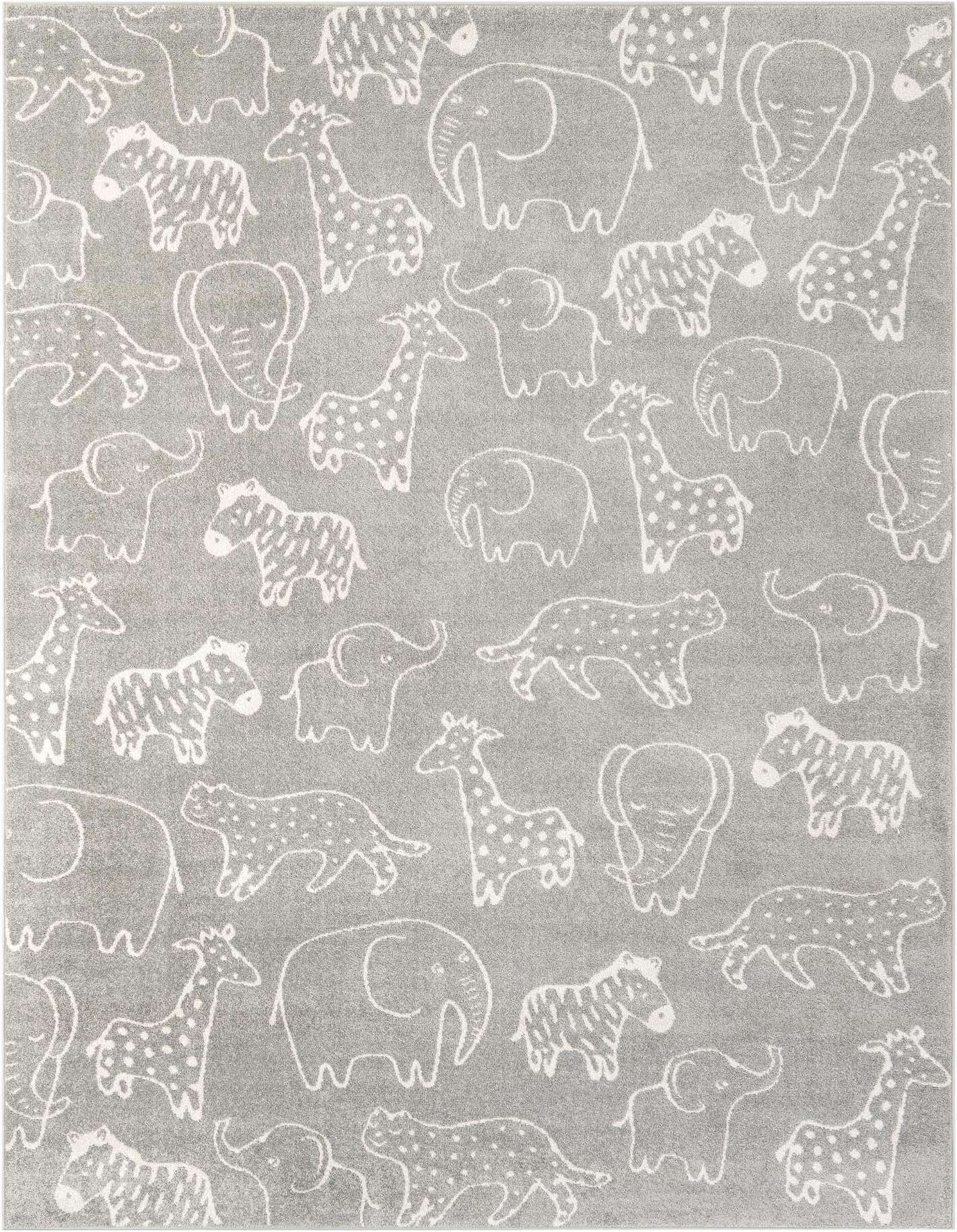 A rectangular 8x11 gray rug featuring a playful, modern pattern of white outline safari animals like elephants, giraffes, and zebras.