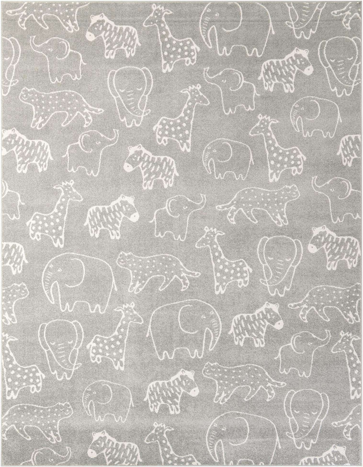 A 9x12 gray rectangular rug featuring a playful modern pattern of white outlined safari animals like elephants, giraffes, and zebras, perfect for a child's room.