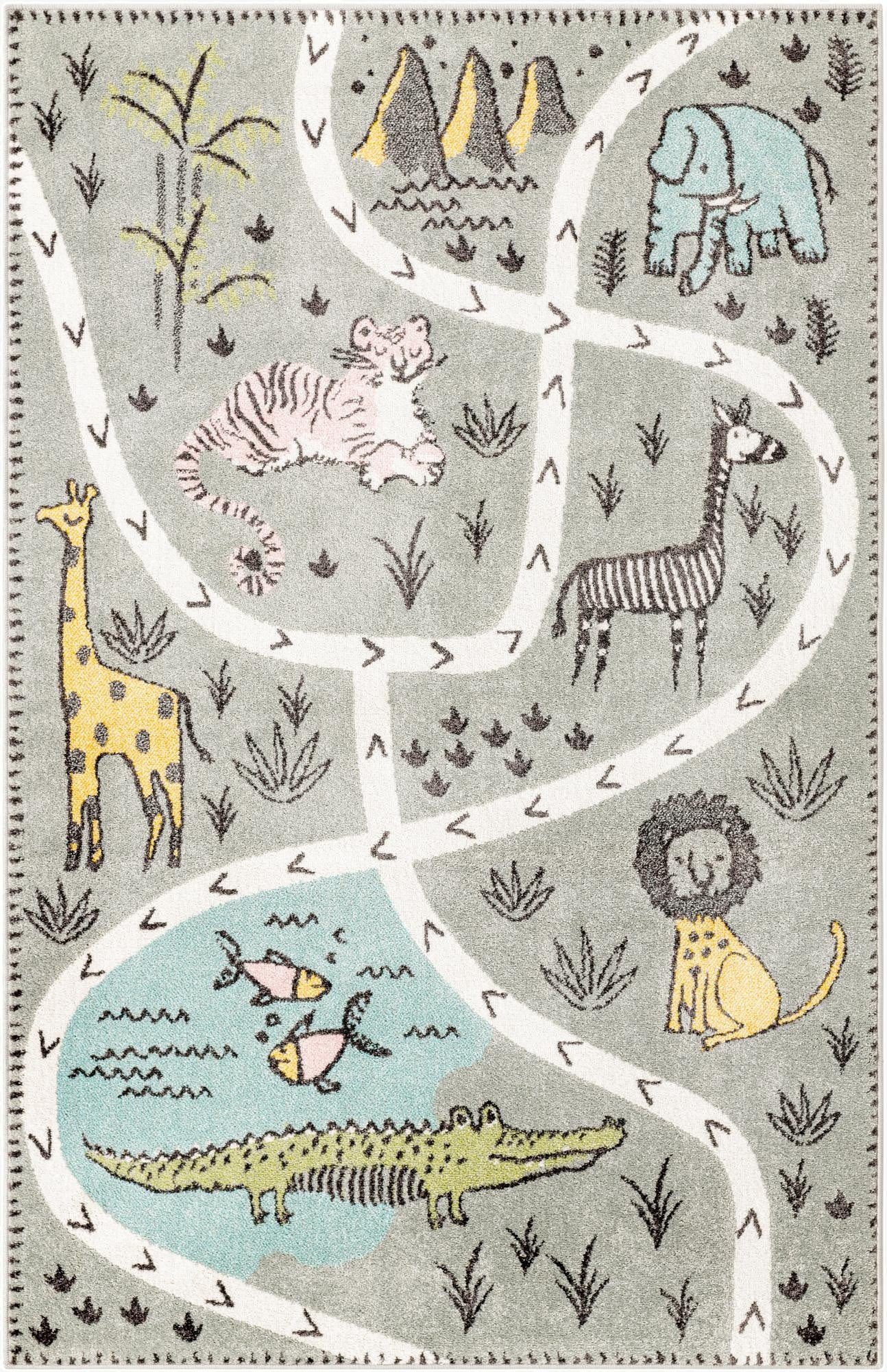 A 5x8 rectangular gray rug featuring a playful safari map with a giraffe, tiger, elephant, zebra, lion, crocodile, and fish.
