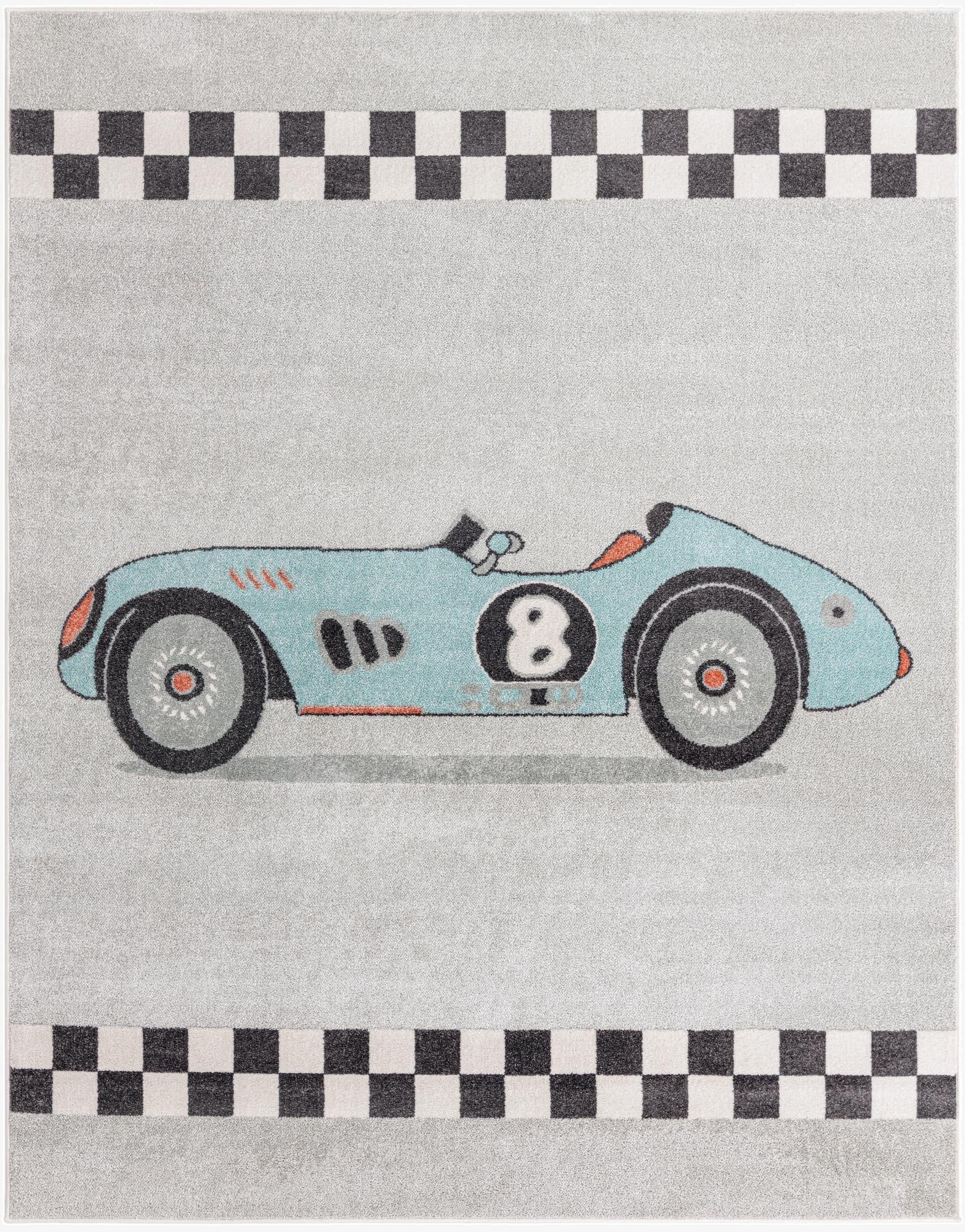 A gray rectangular kids' rug featuring a light blue vintage race car with number 8 and black and white checkered flag borders.