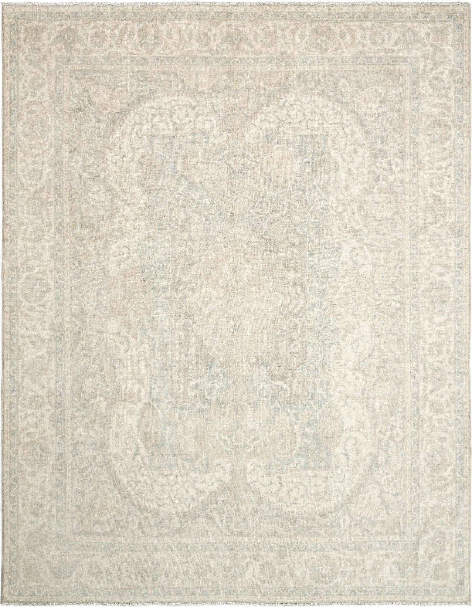 Handmade rectangular Ziegler rug, 8x10, featuring a distressed Persian pattern in soft grays and silvers.