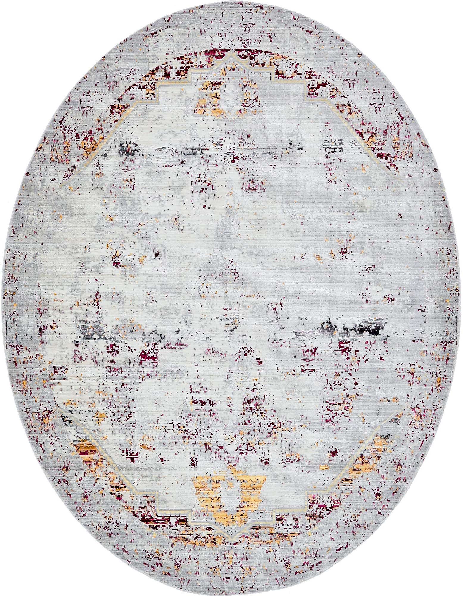A round 8' gray bohemian rug with a distressed medallion pattern in silver, gold, and deep red.
