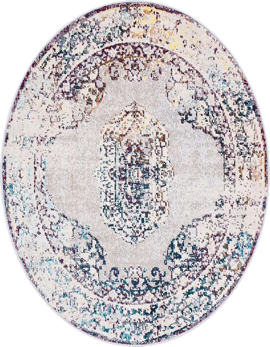 A 4' 0 x 4' 0 round gray rug with a distressed bohemian medallion pattern in teal, gold, and burgundy.