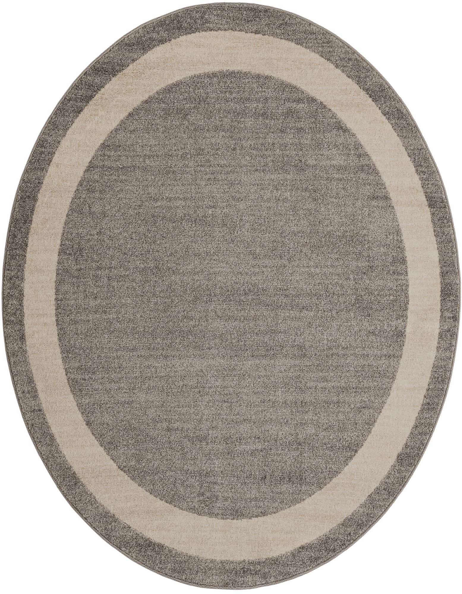 A 6' round gray area rug with a wide, lighter gray border, ideal for a living room or bedroom.