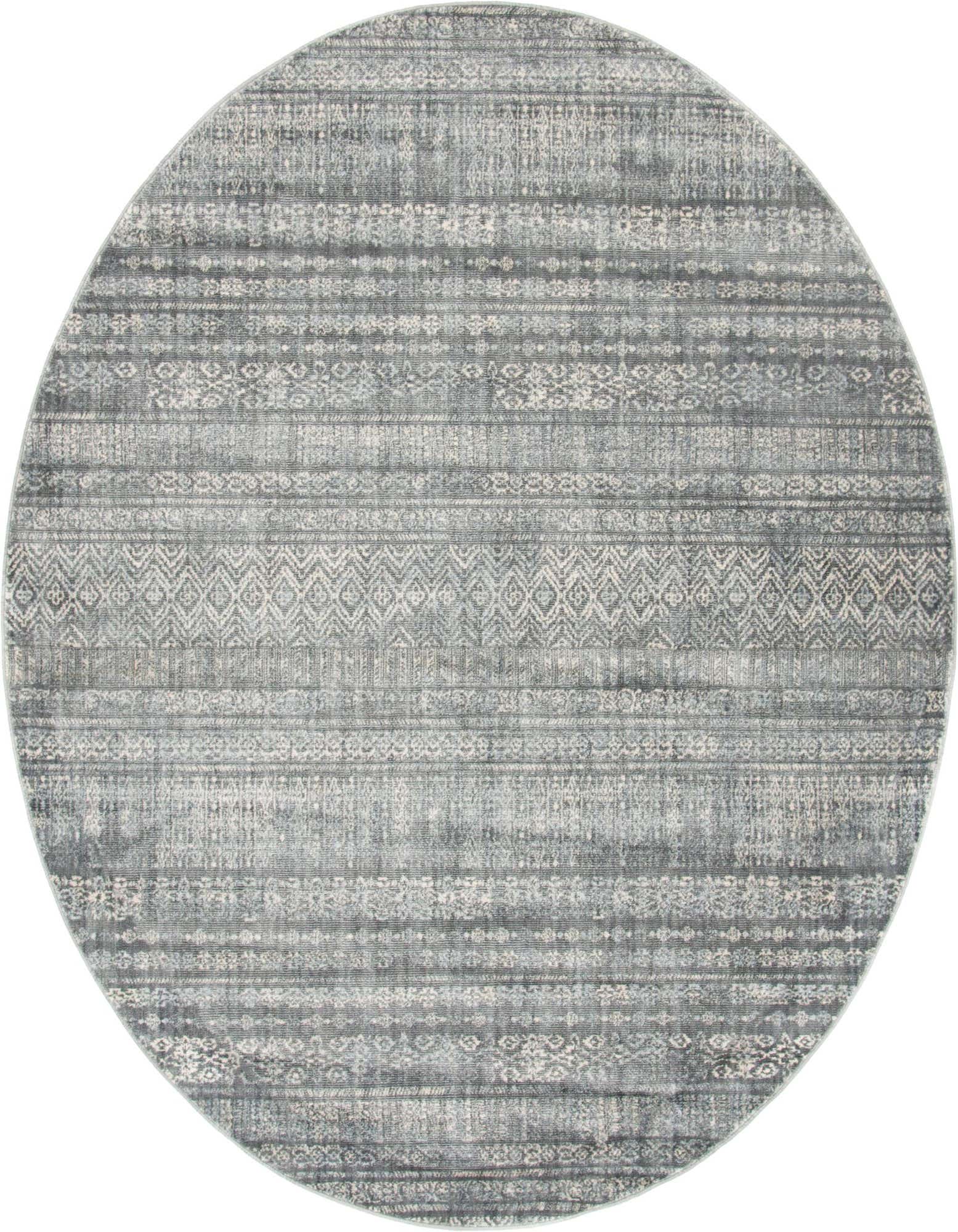 A round 8' gray bohemian rug with a distressed medallion and striped pattern, suitable for a living room.