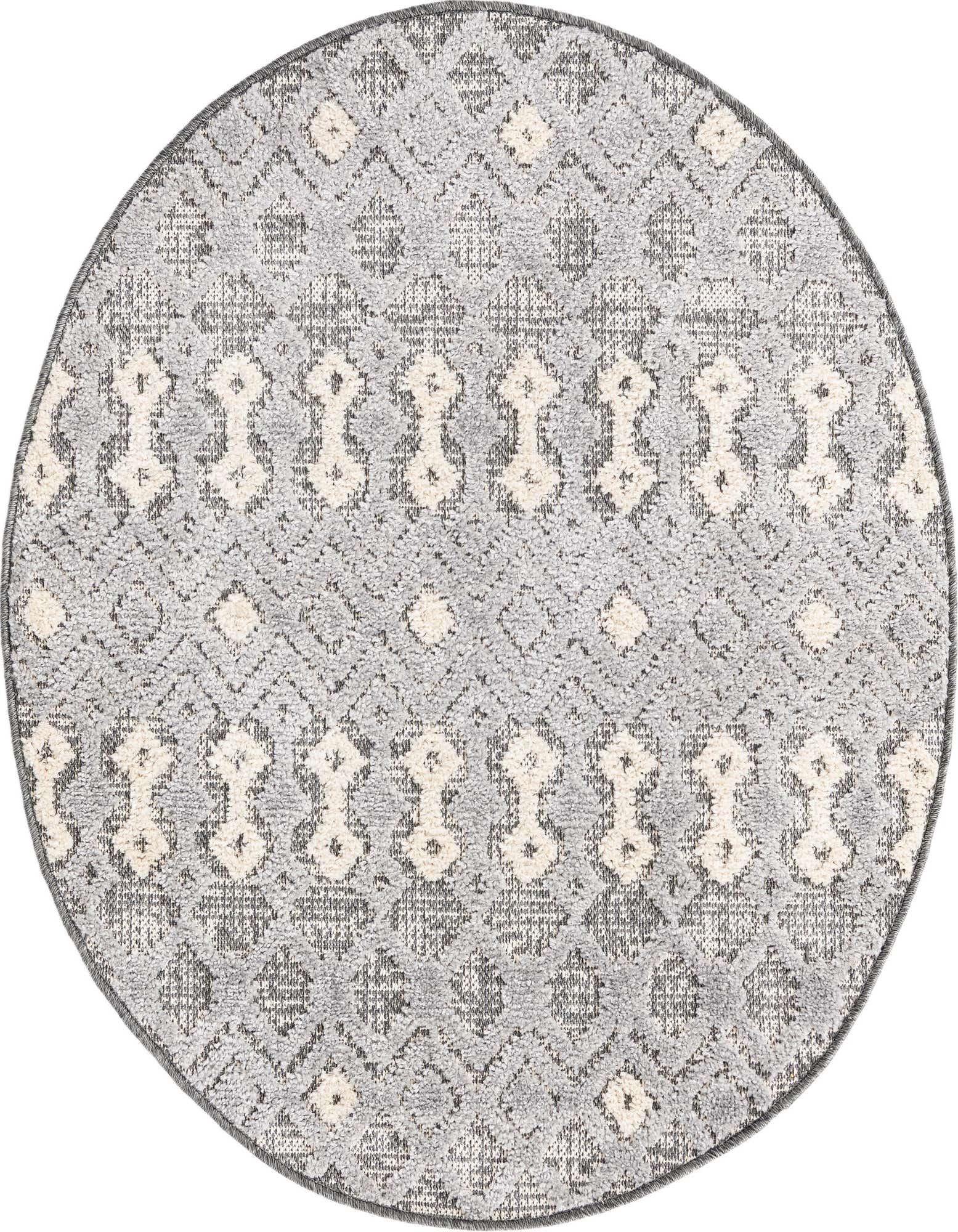 A 3' 3 x 3' 3 round gray area rug with a modern tribal pattern in light gray and off-white.