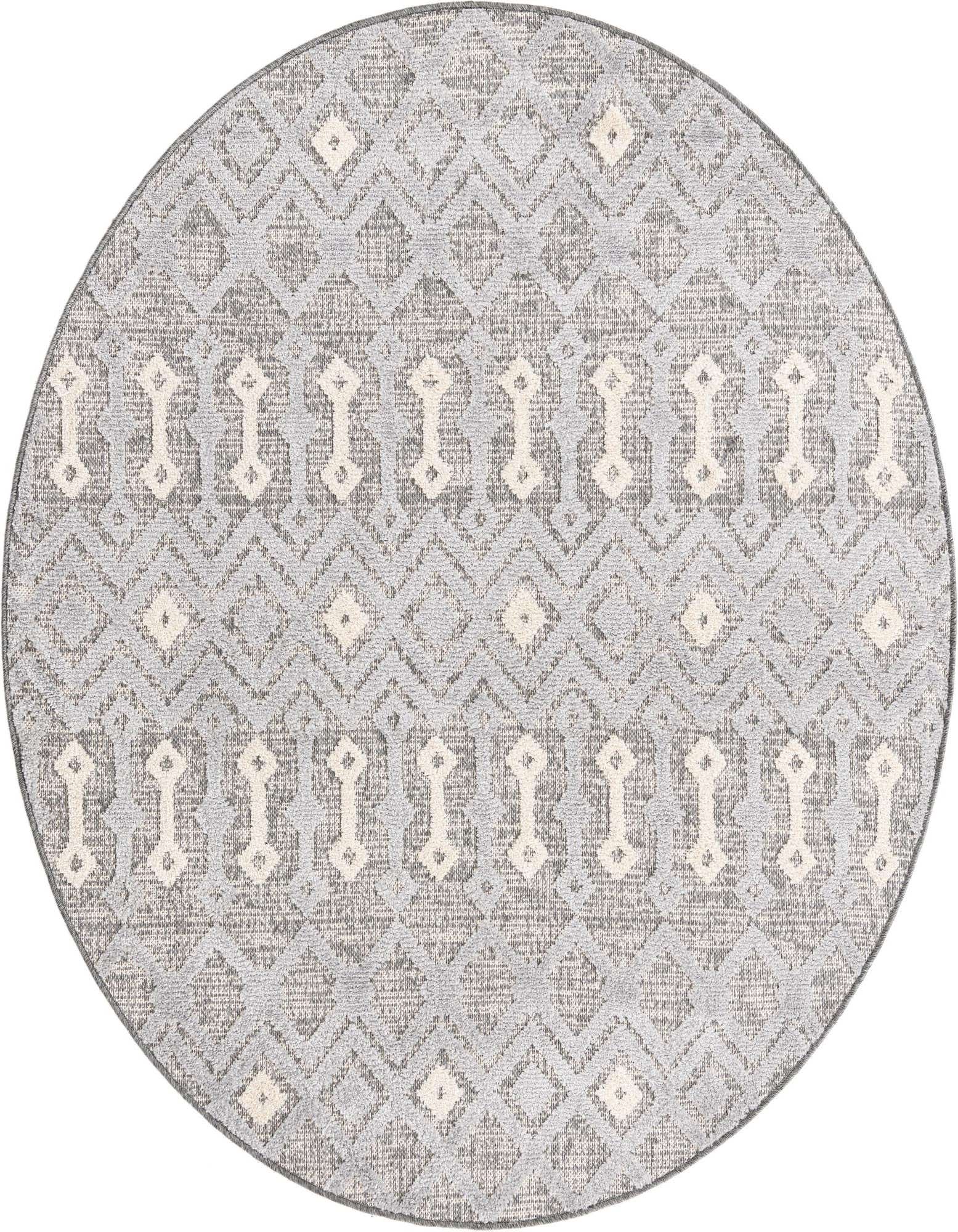 A 5' 3 round gray tribal rug with a modern geometric pattern and cream accents, featuring a high/low textured pile.