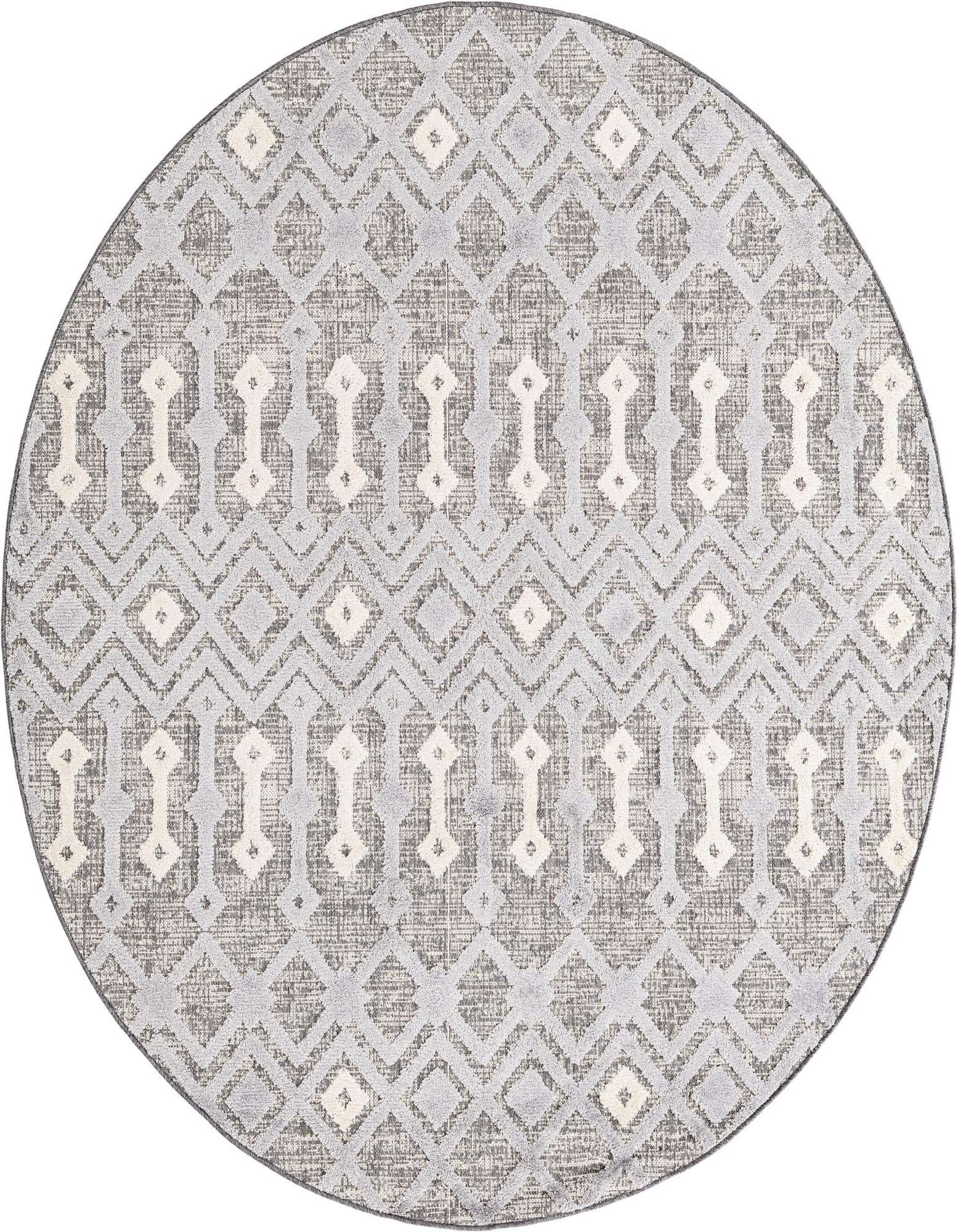 A round gray and silver tribal rug with a modern abstract pattern and textured high/low pile.