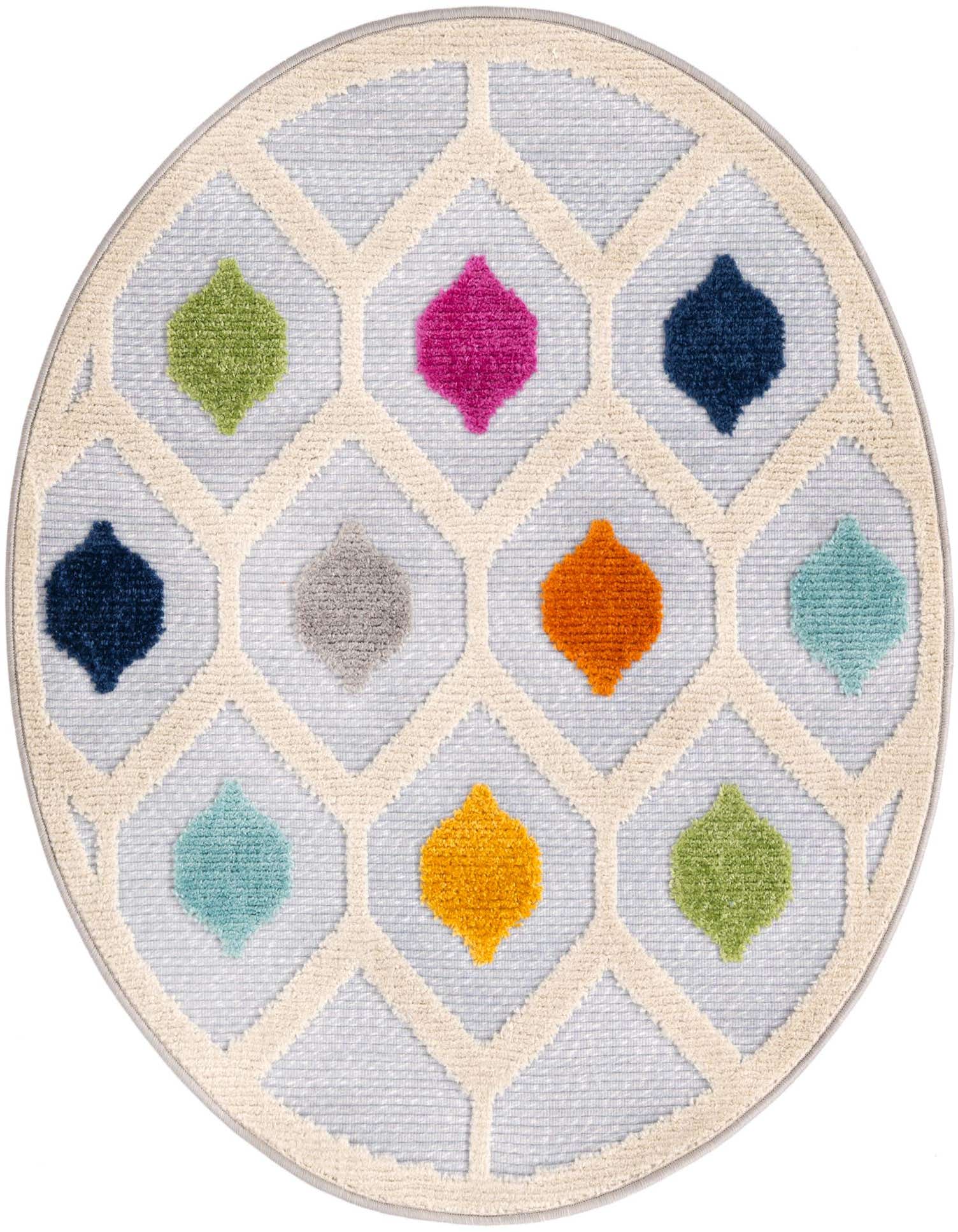A round gray rug with a cream trellis pattern, featuring colorful diamond shapes in pink, green, blue, orange, and yellow.