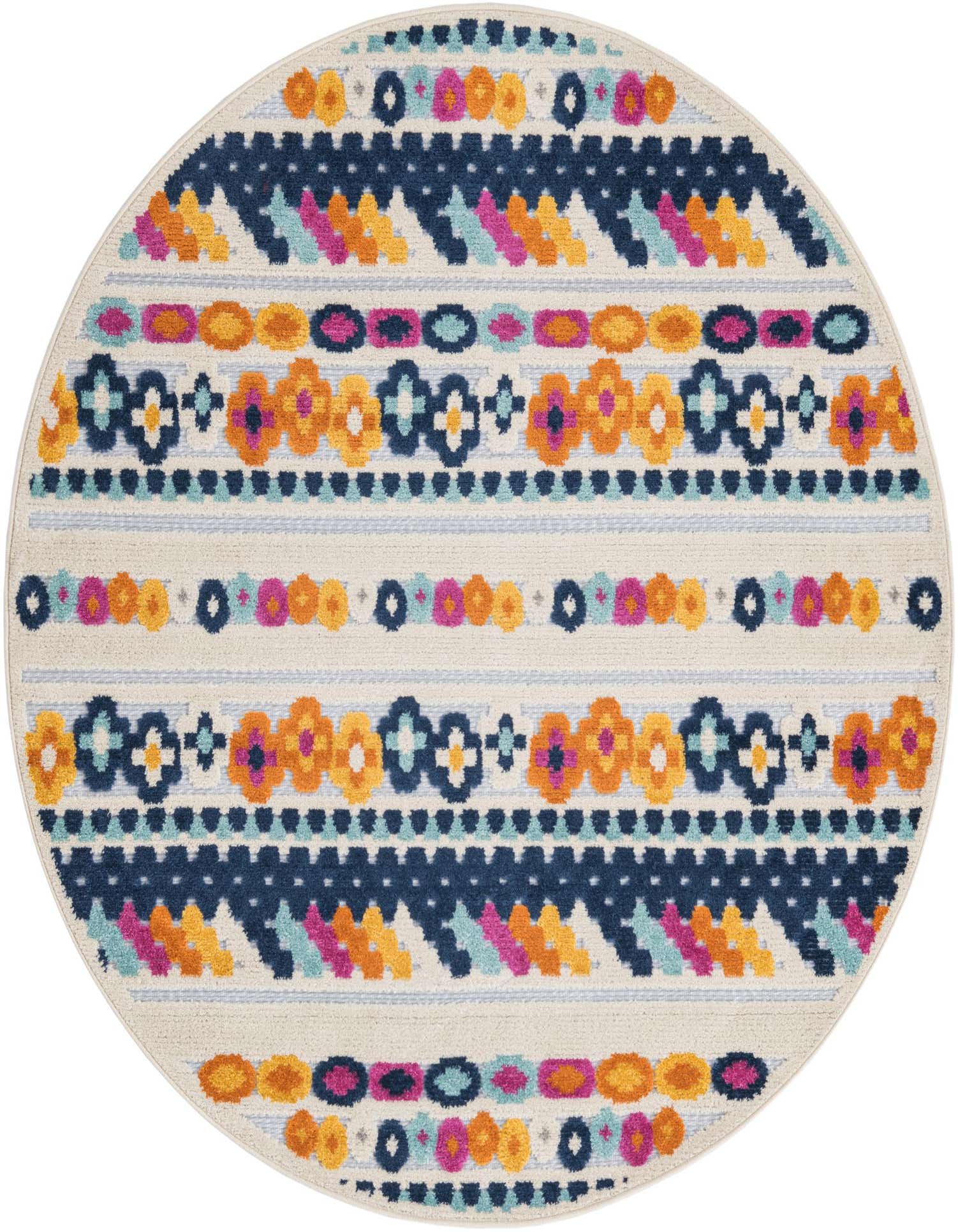 A round, gray and multi-color bohemian rug with tribal stripes and floral patterns, ideal for a patio.
