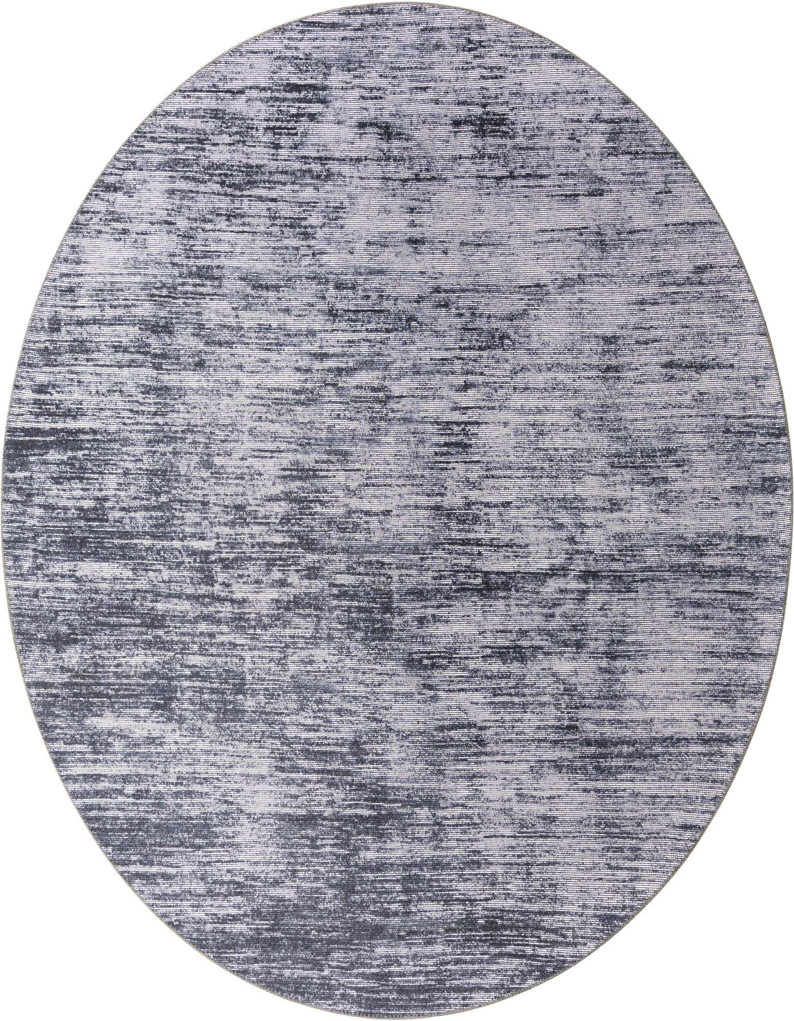 A 7' 10 round gray and silver chenille rug with a modern, distressed stripe pattern.