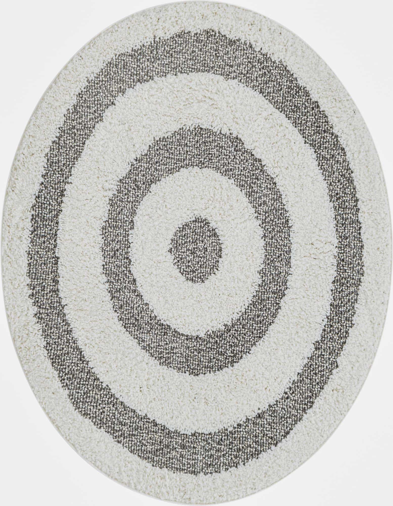 A round gray and white modern rug featuring concentric circles, perfect for adding a stylish touch to any indoor space.