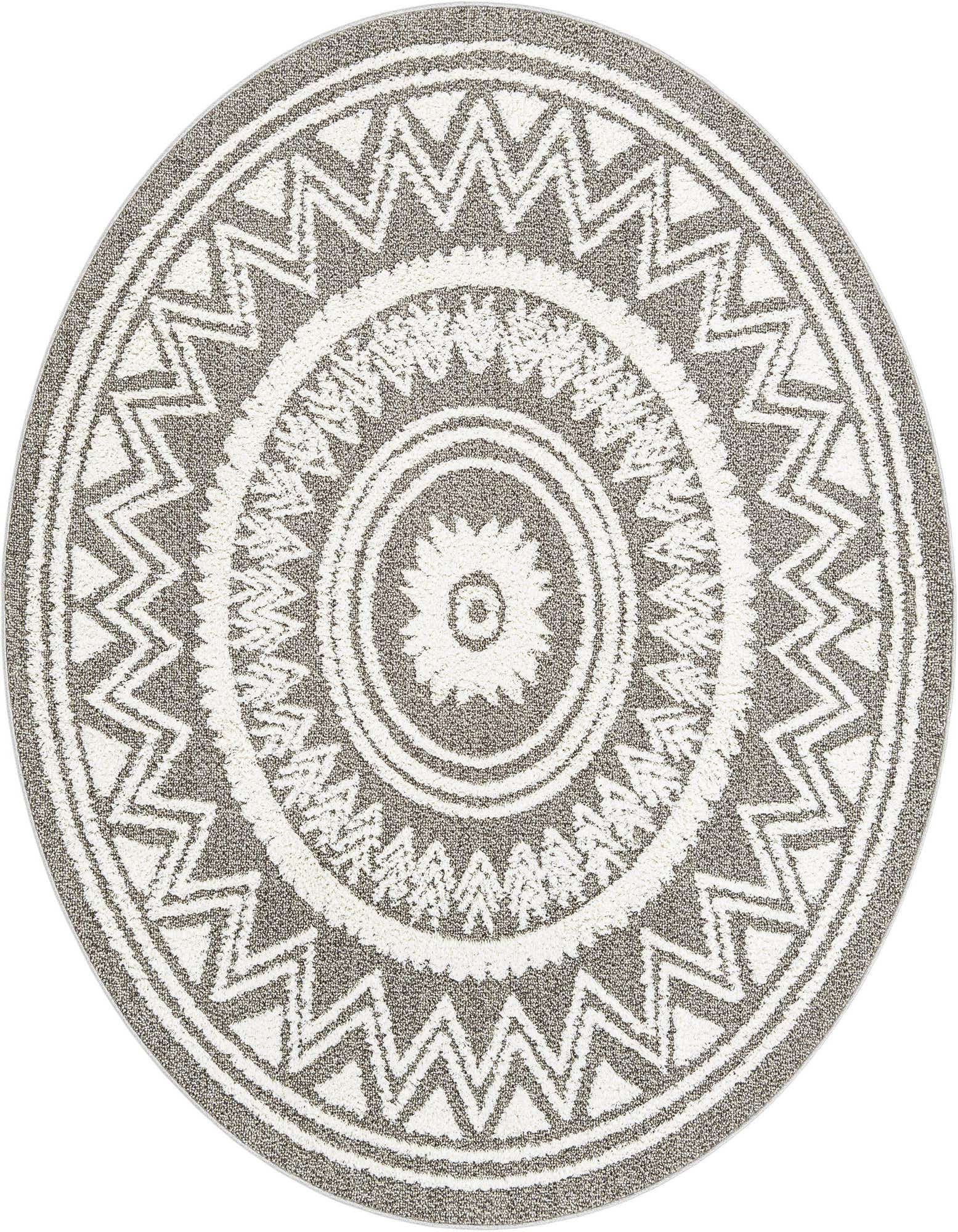 A 7' 10 round gray and white rug with a Southwestern medallion and tribal zigzag pattern, featuring a textured pile.