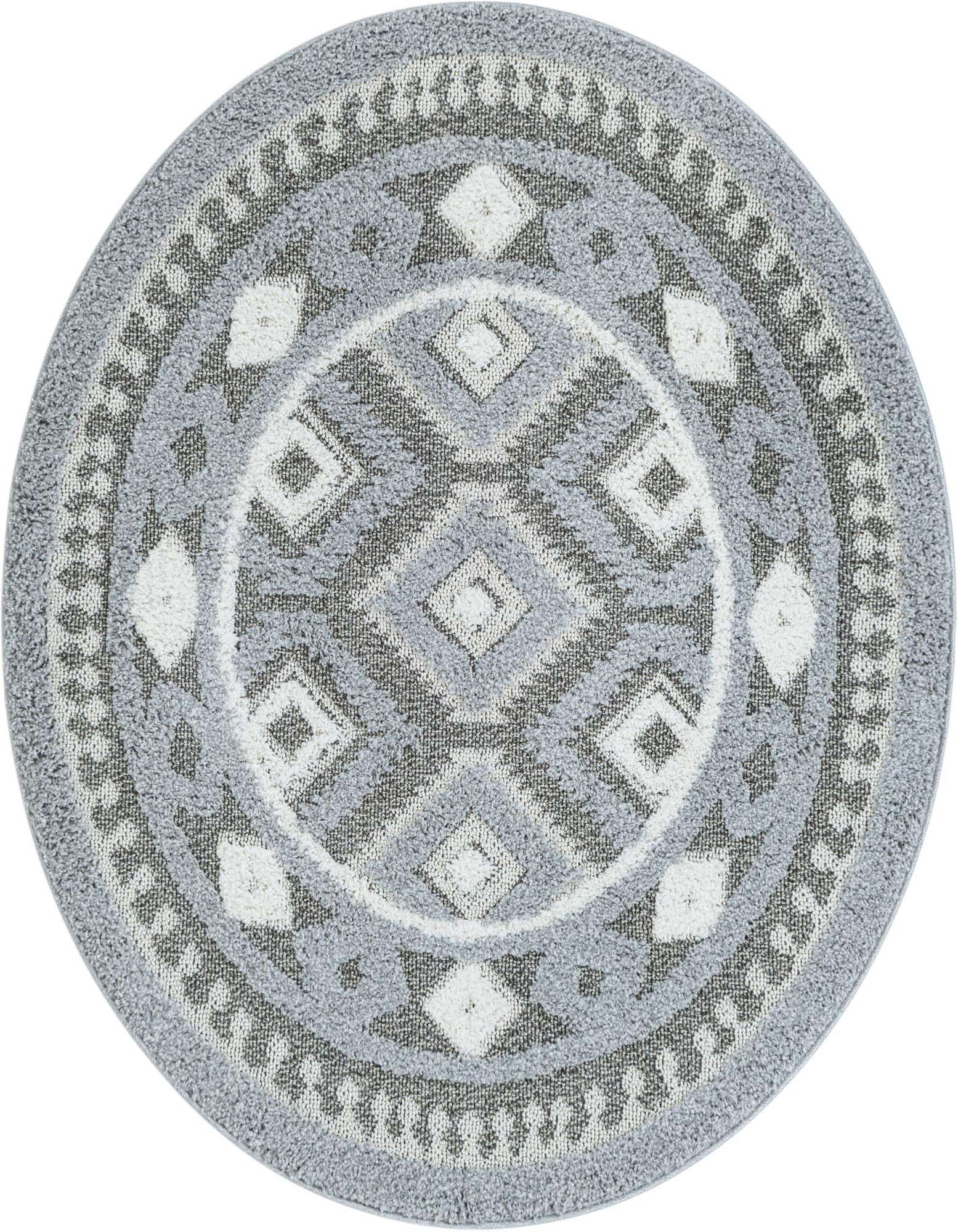 A 5' 3 round gray area rug with a Southwestern and Bohemian tribal pattern, featuring white and dark gray geometric shapes.