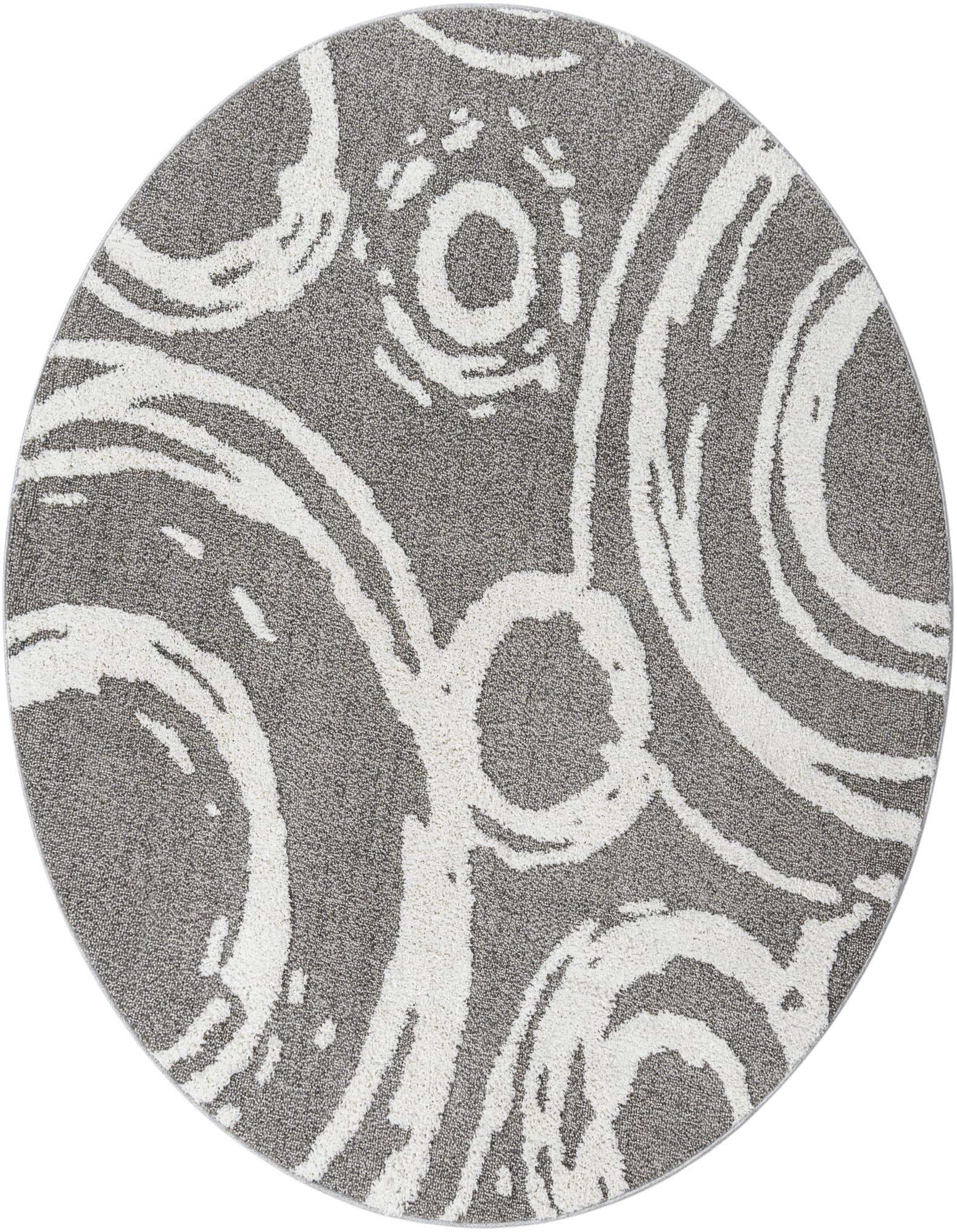 A 7' 10 round gray rug with an abstract white bohemian pattern of swirling lines and circles.