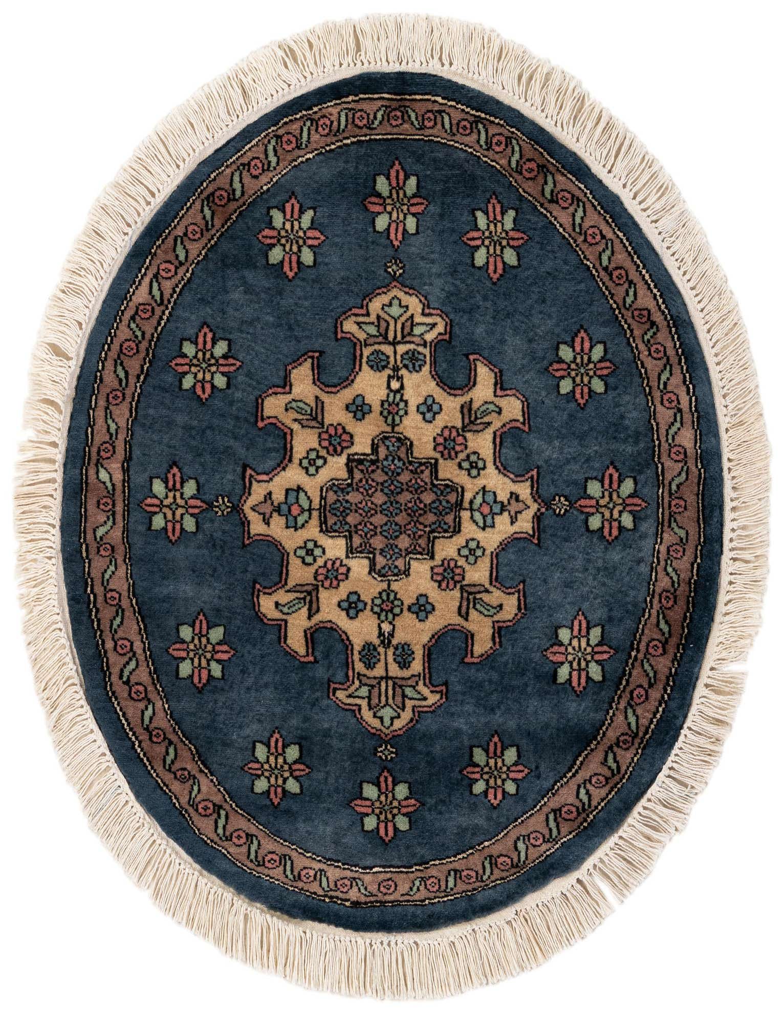 A round 2' 7 x 2' 8 Bokhara rug featuring a central medallion and floral motifs in shades of gray, silver, and gold, with a fringed edge.