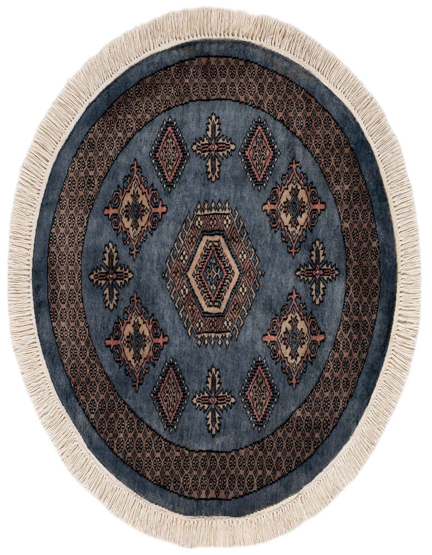 A 3' 0 x 3' 0 round gray Bokhara wool rug with a traditional tribal pattern and fringe.