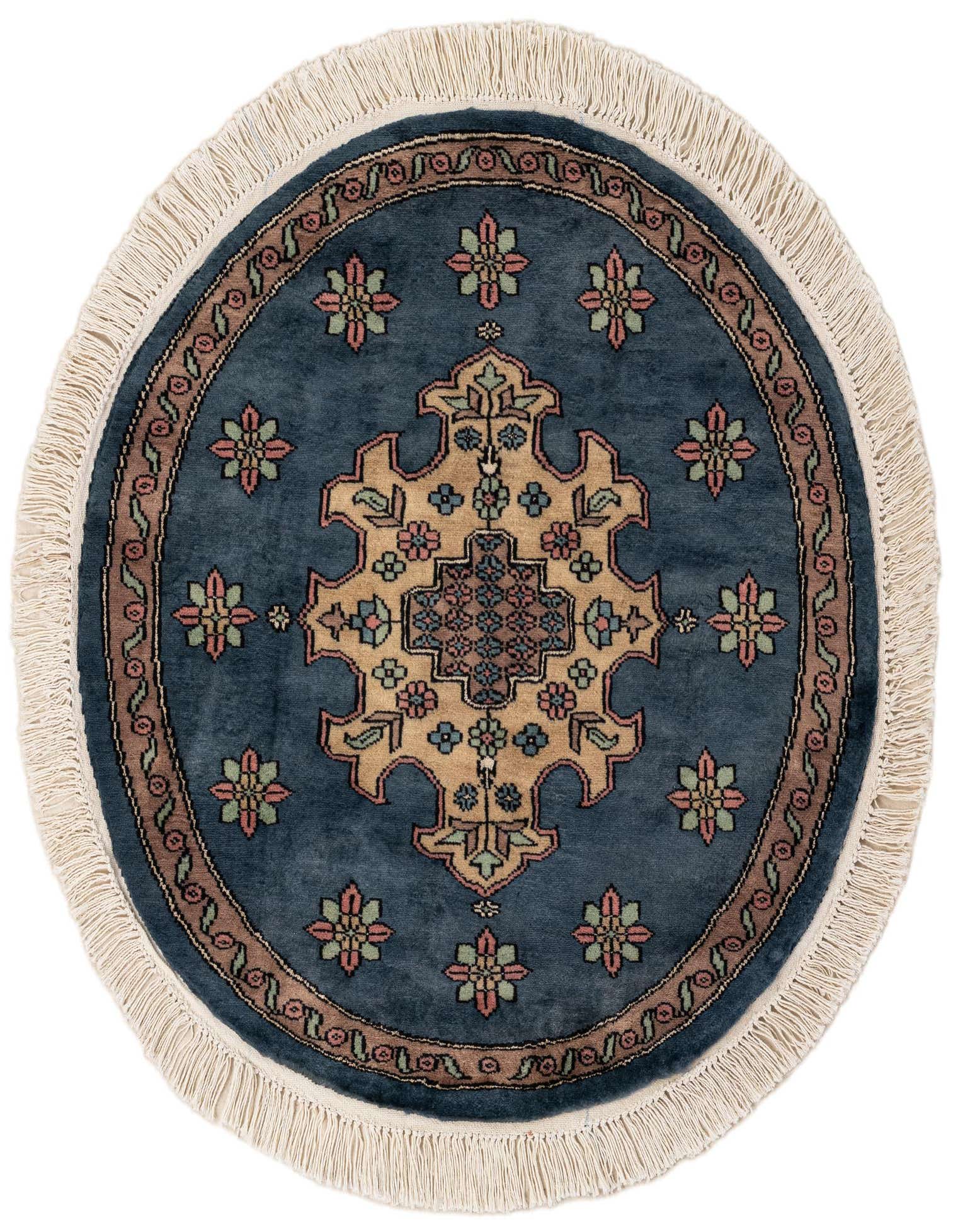 A round Bokhara rug, 2' 8 x 2' 8, featuring a central medallion and floral motifs in grays and silvers with fringe.