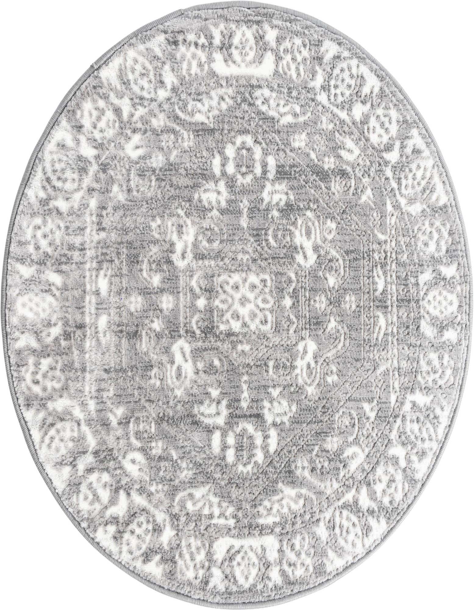 A 3' 3 round gray and white medallion rug with a textured pile, featuring a traditional distressed pattern.