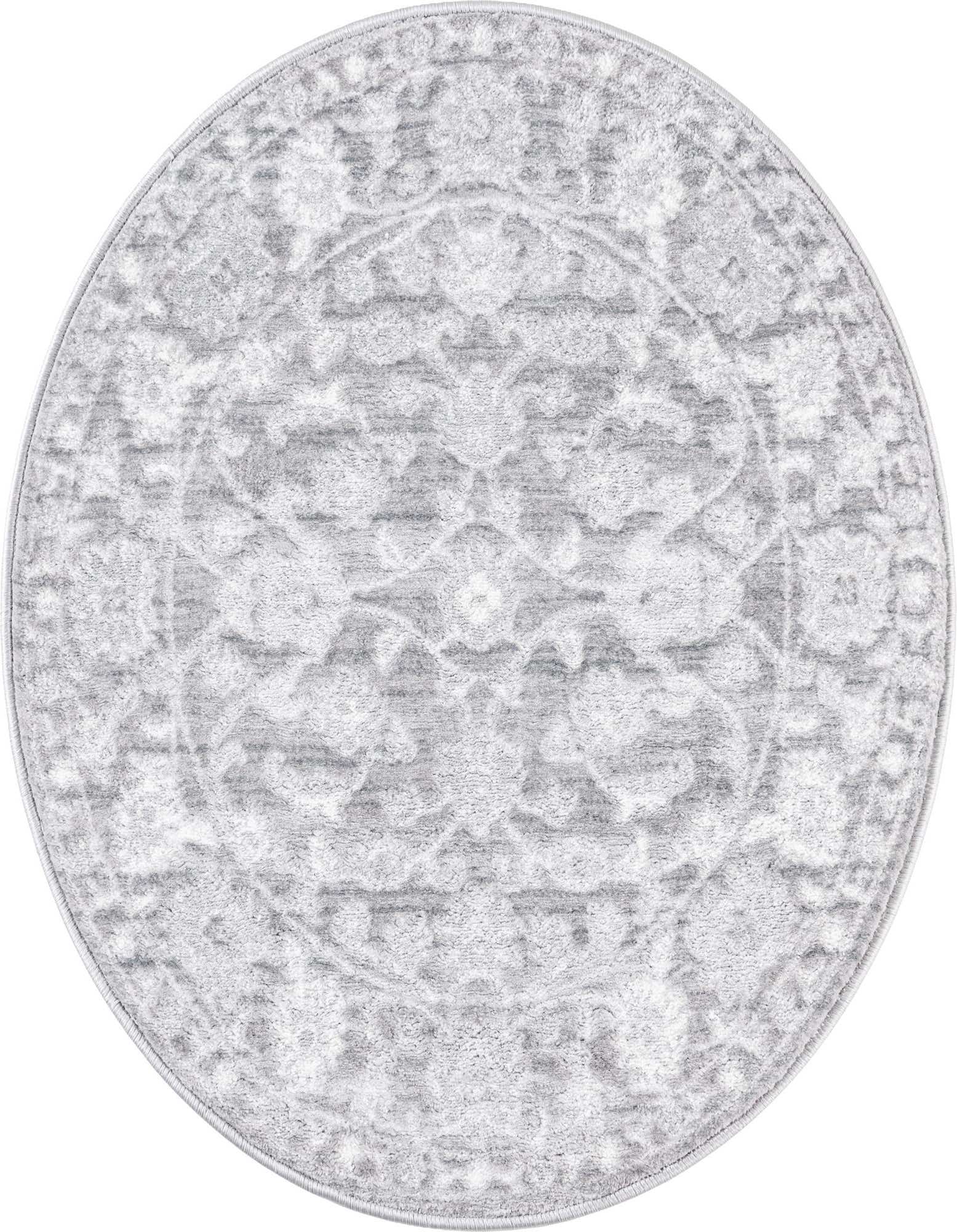 A 3' 3 round gray area rug with a faded traditional botanical pattern, featuring lighter gray floral motifs on a darker gray textured background.