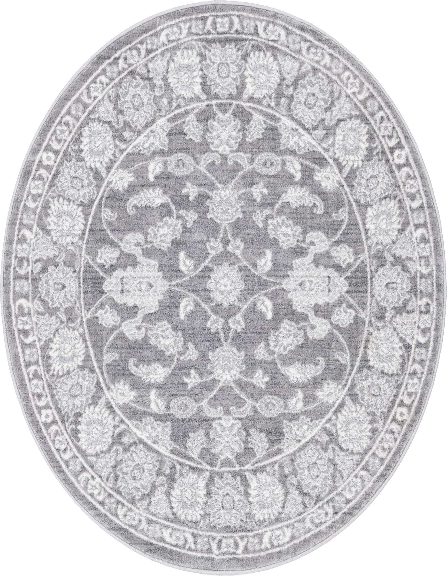 A 5' 0 x 5' 0 round gray area rug with an intricate white traditional floral and botanical pattern.