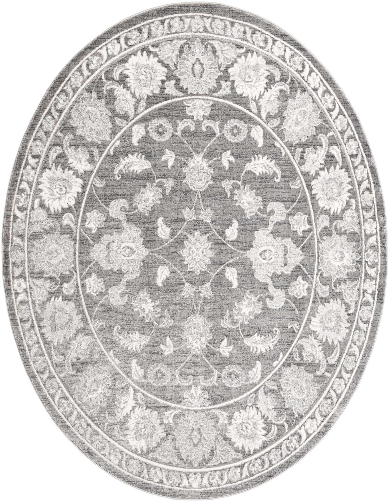 A 10-foot round gray area rug with an intricate white floral medallion pattern and a decorative border.